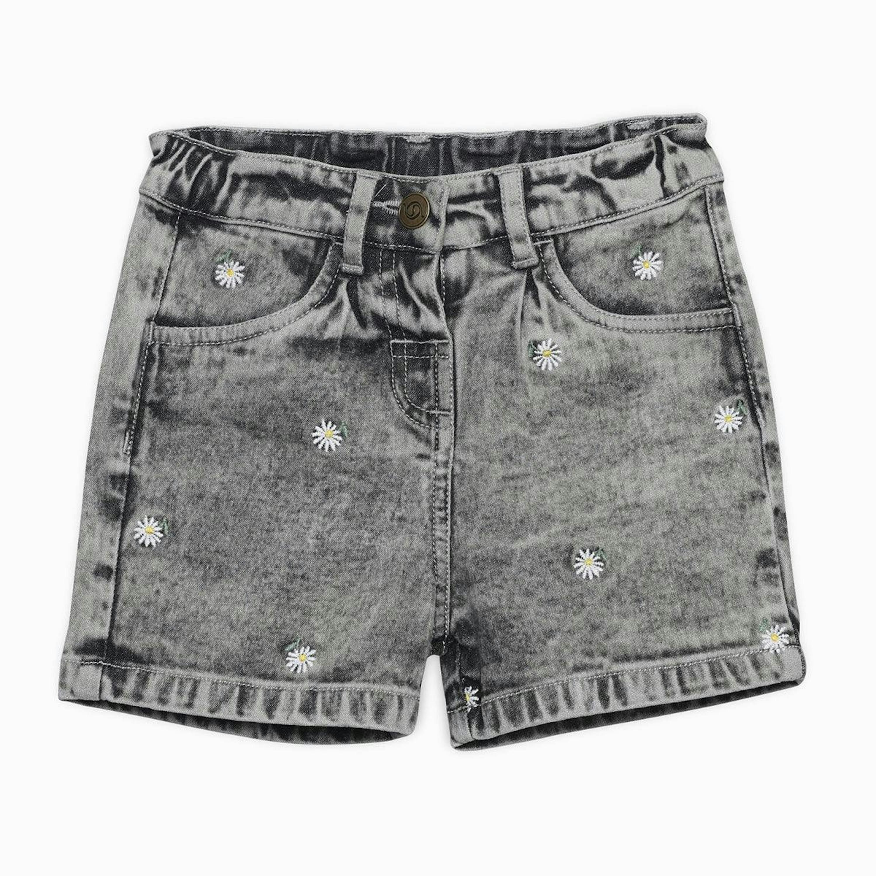 Baby Girls Daisy Embroidered Denim Shorts, Grey , view 1 of 1