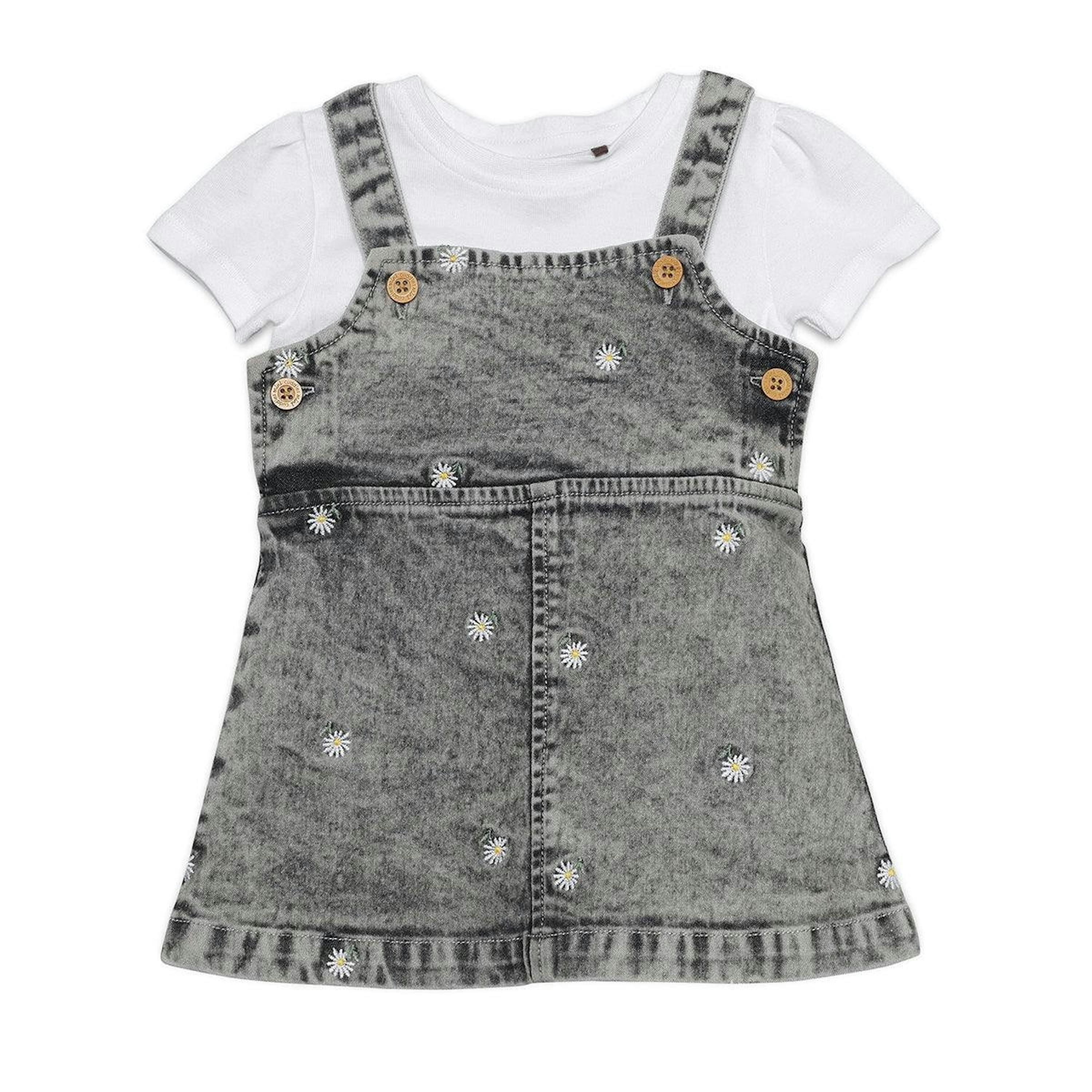 Baby Girls Daisy Embroidered Denim Pinny Set, Grey , view 1 of 1