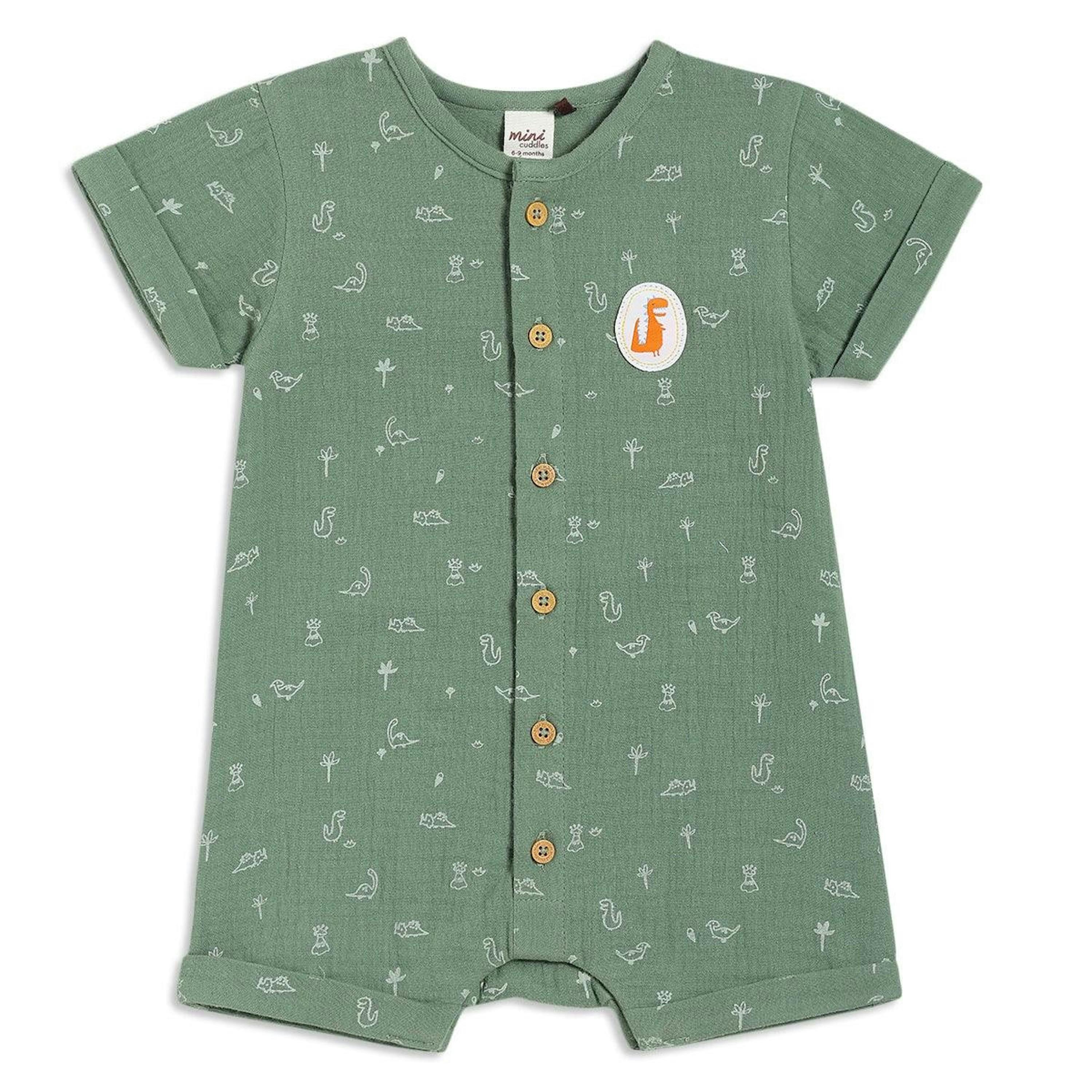 Baby Boys Dino Printed Romper, Green , view 1 of 1