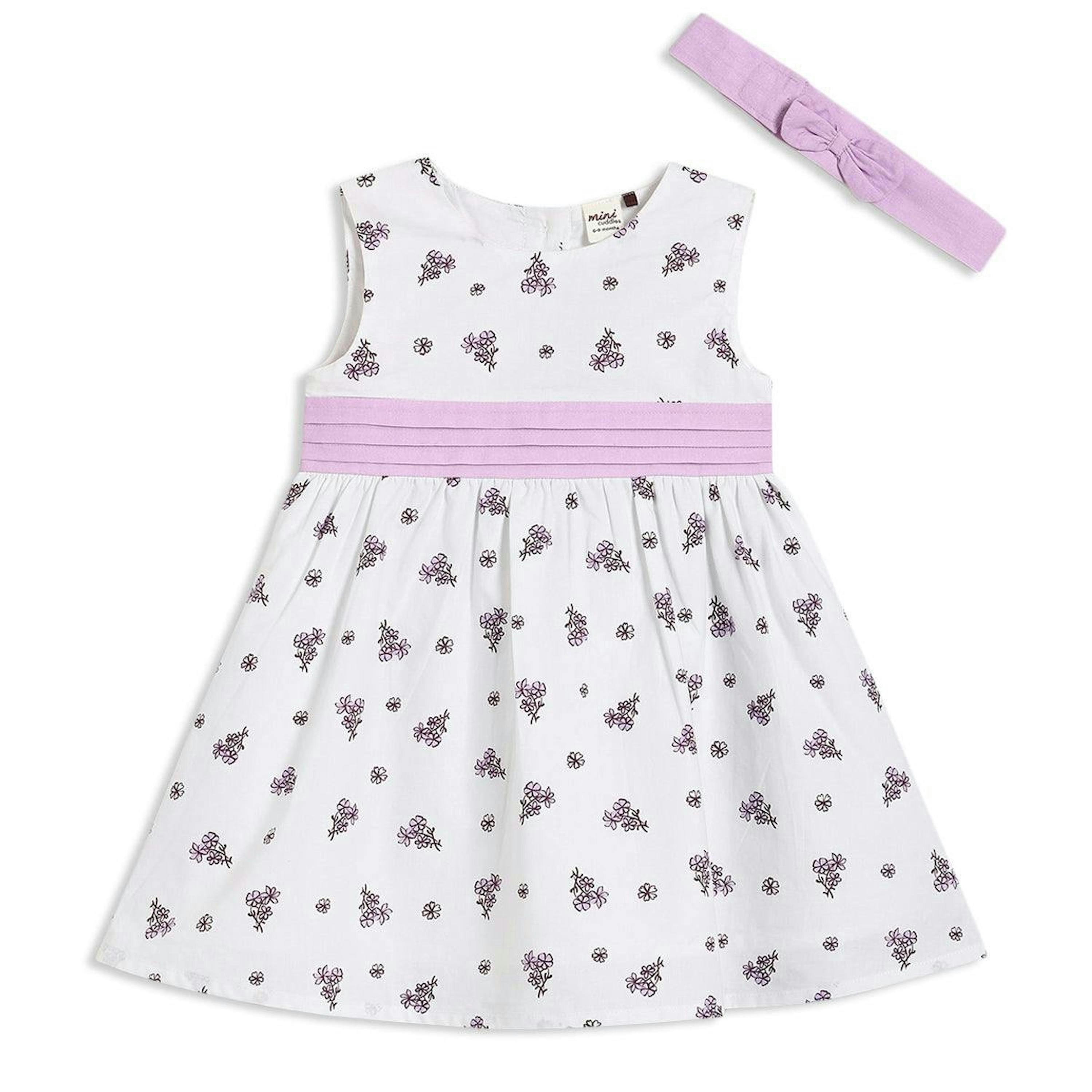 Baby Girls Printed Dress With Headband, White , view 1 of 1