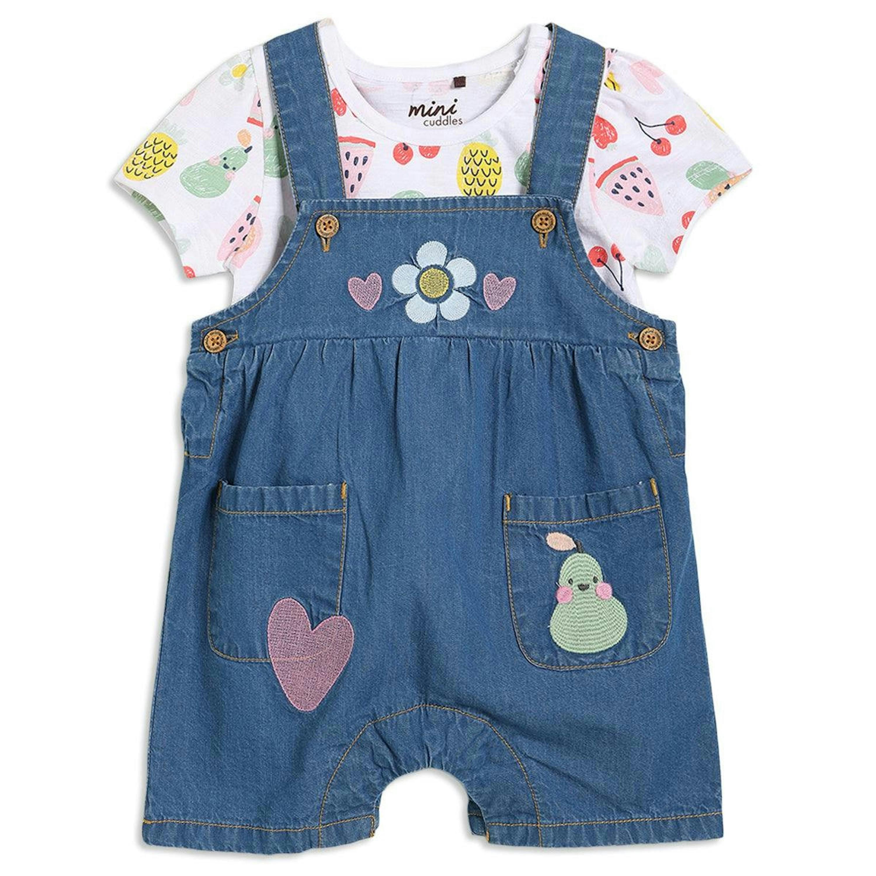 Baby Girls Fruit Print Dungaree 2pc Set , Multicolour , view 1 of 1