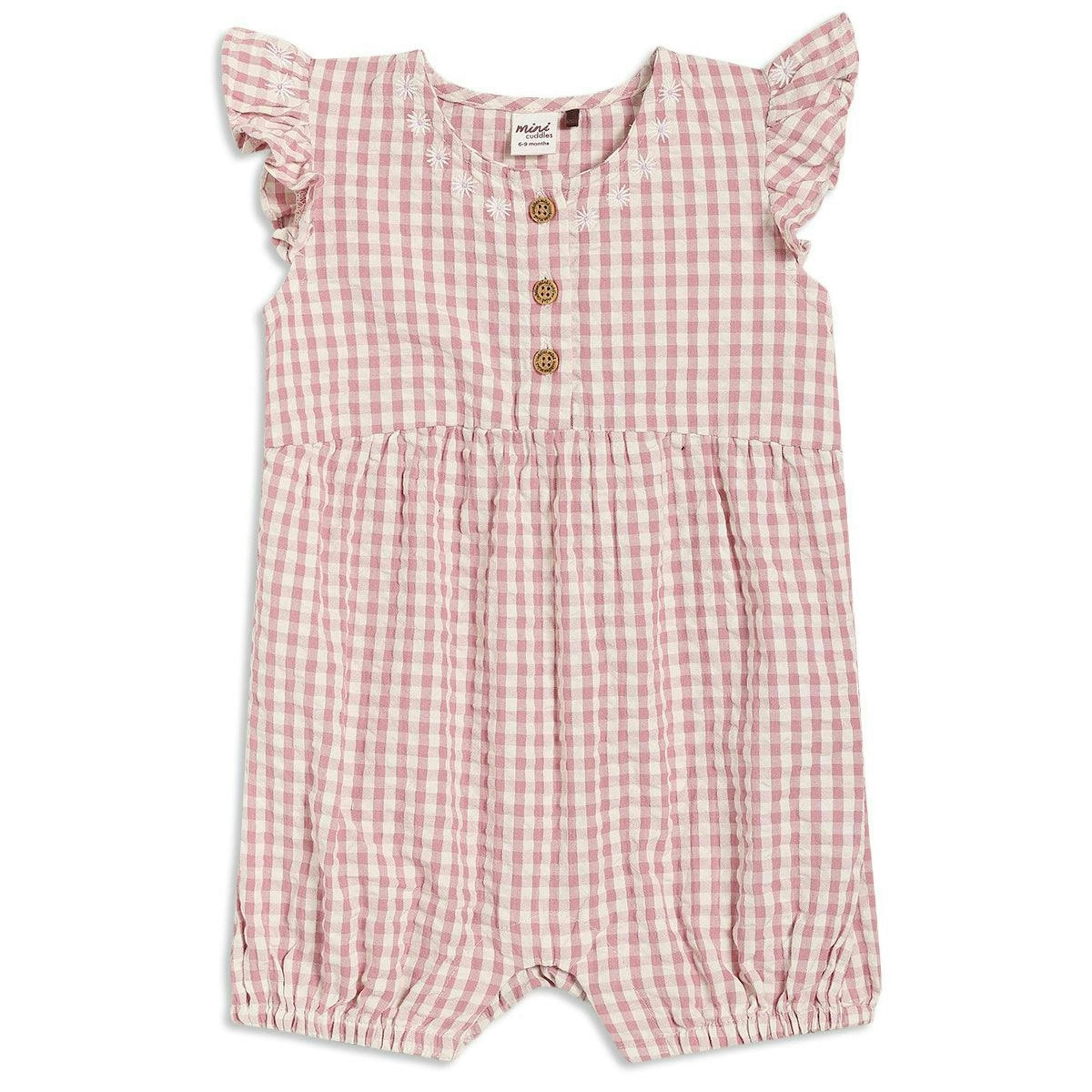 Baby Girls Checked Romper With Daisy Embroidery, Pink , view 1 of 1