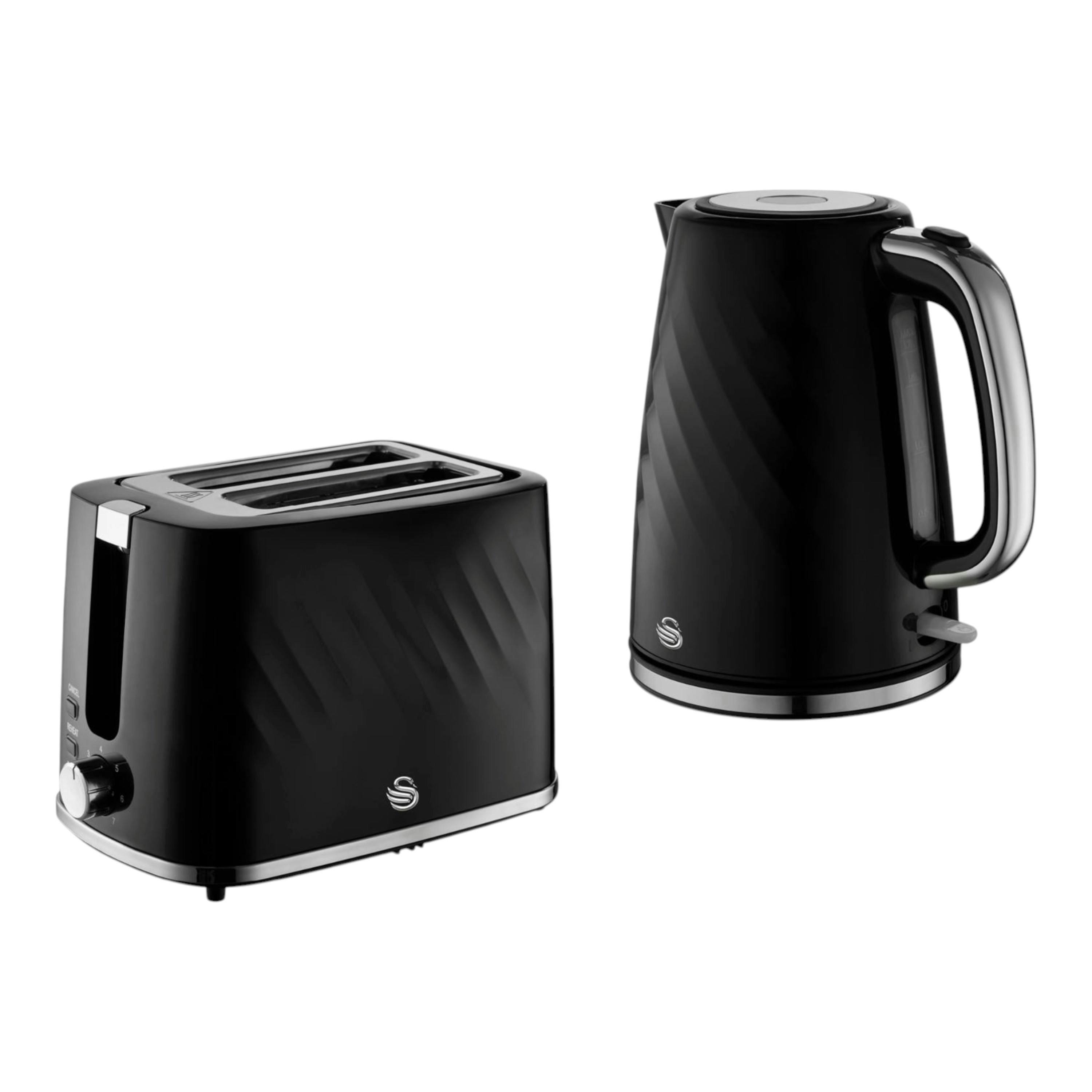 Swan Windsor Black 1.7L 3KW Kettle & 2 Slice Toaster in Textured Gloss Finish & Chrome , view 1 of 1