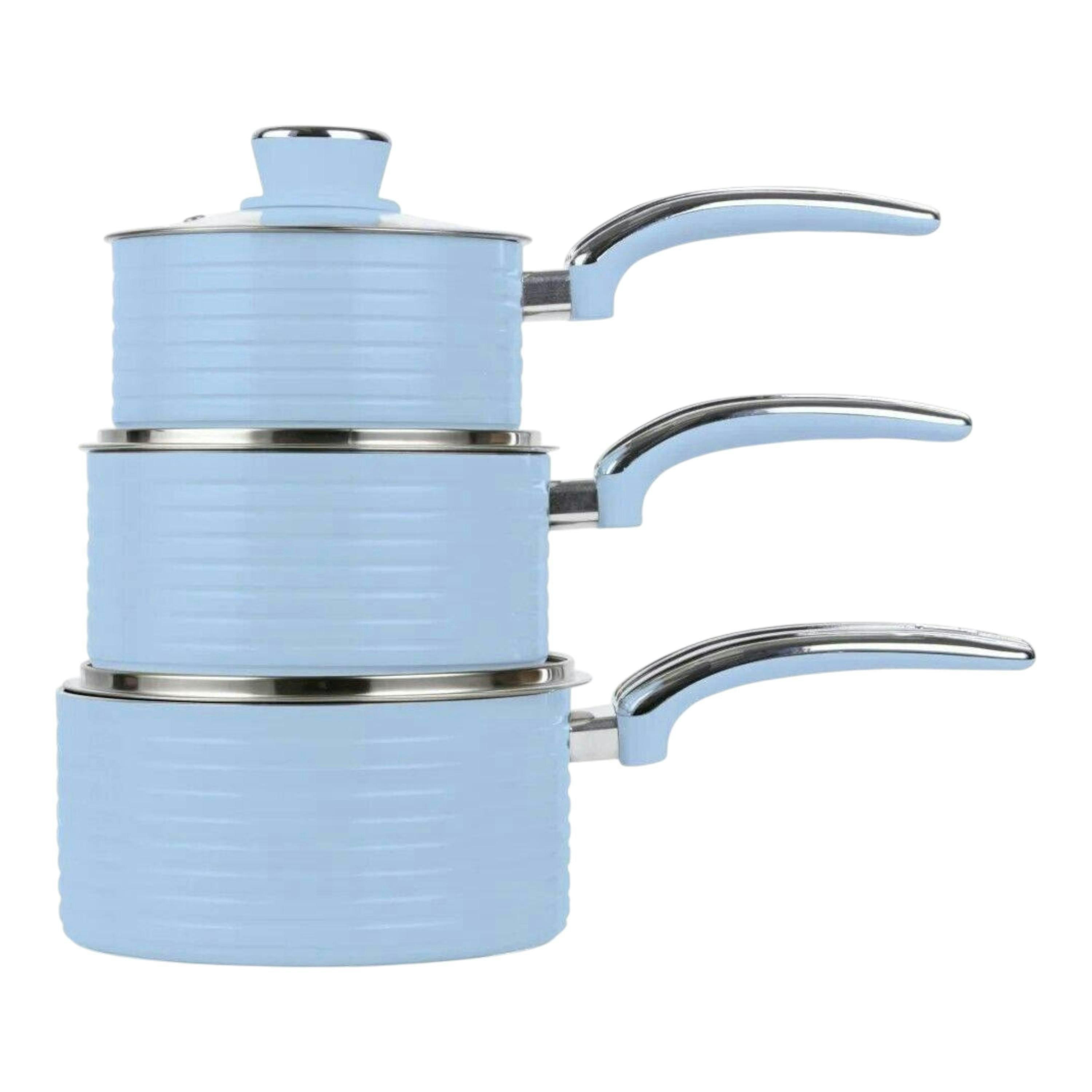 Swan Retro Blue Pan Set - 3 Piece Non Stick Pan Set with Glass Lids - 5 yr Guarantee , view 1 of 1