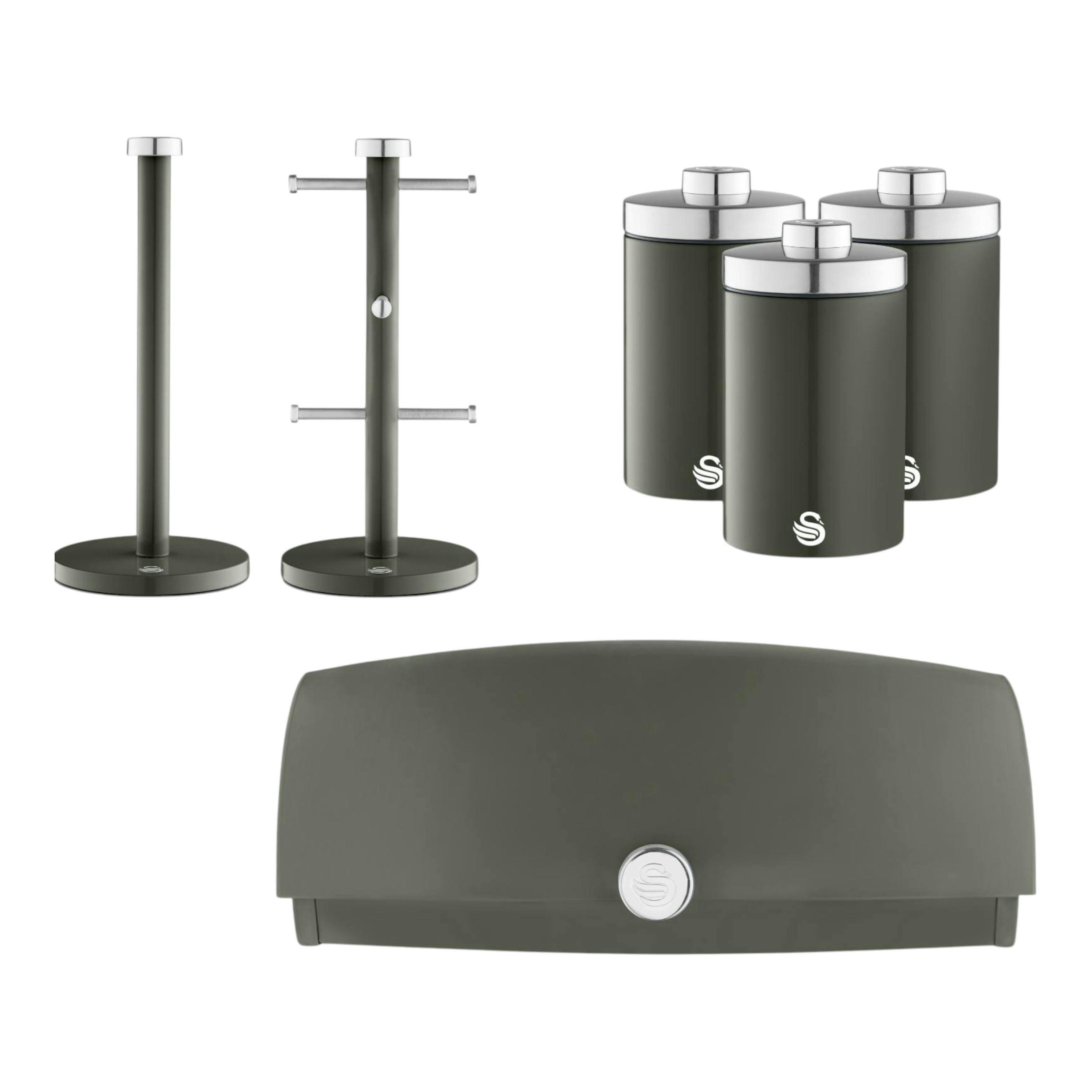 Swan Townhouse Graphite Bread Bin, Canisters, Mug Tree & Towel Pole Kitchen Storage Set in Grey , view 1 of 1