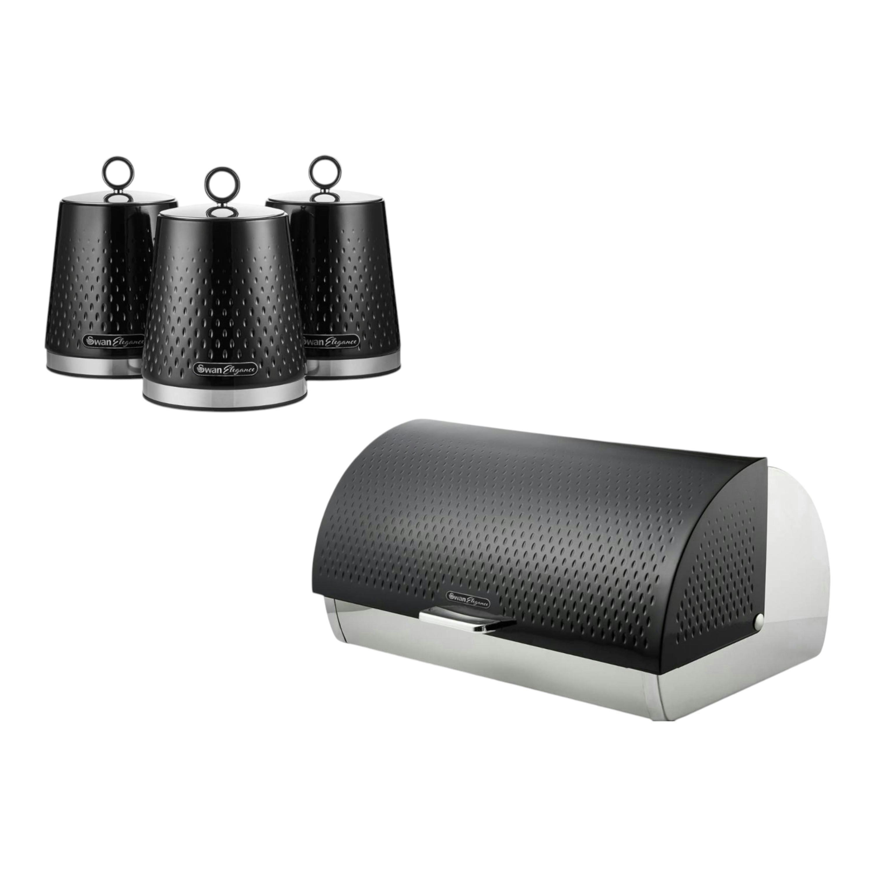Swan Elegance Black Breadbin & Tea Coffee Sugar Canisters Kitchen Storage Set , view 1 of 1