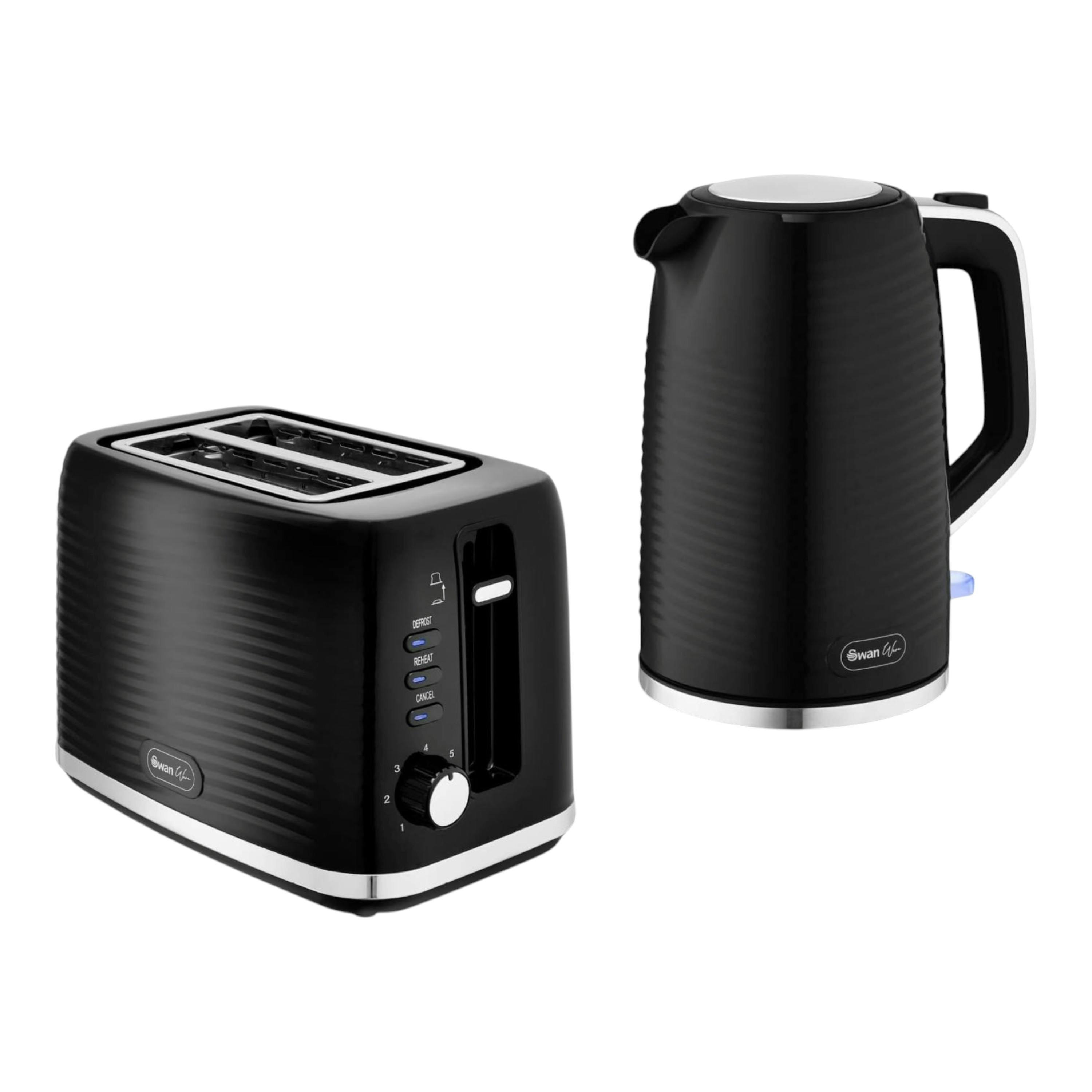 Swan Wave Kettle & Toaster Set in Black – 1.7L Rapid Boil Kettle & 2 Slice Toaster | Textured Ripple Design with Chrome Accents , view 1 of 1