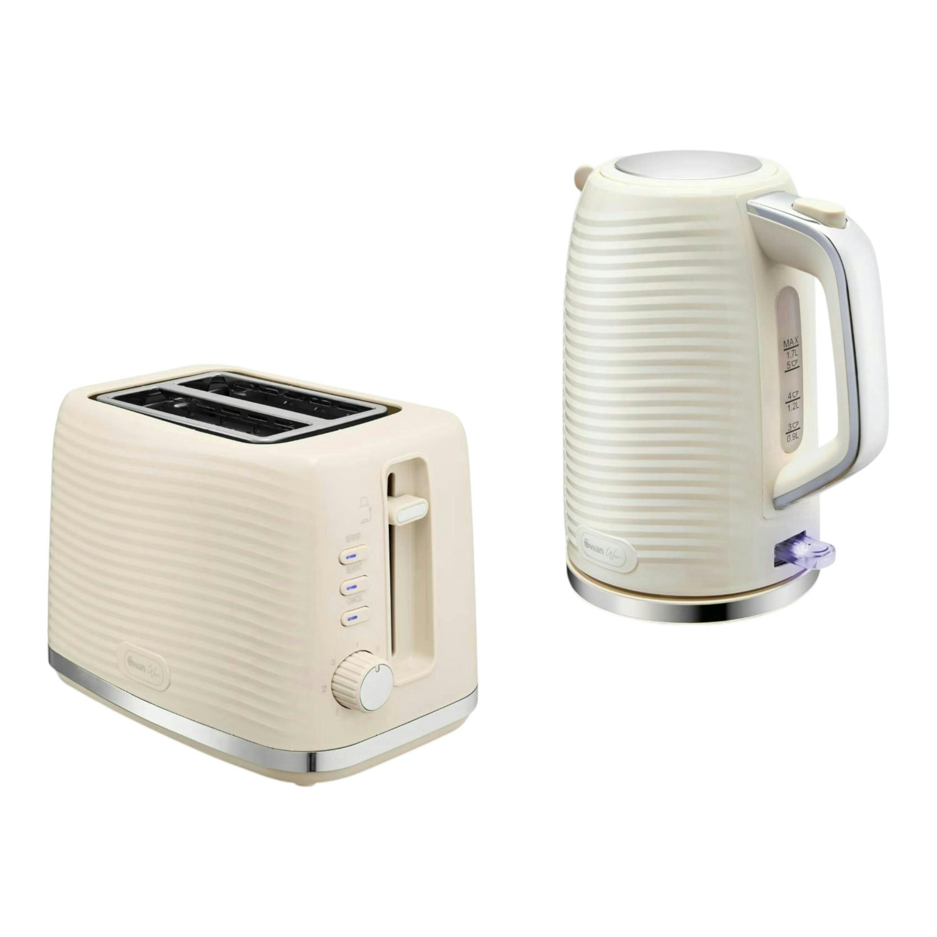 Swan Wave Cream Kettle & 2 Slice Toaster  Textured Ripple Design Chrome Accents , view 1 of 1