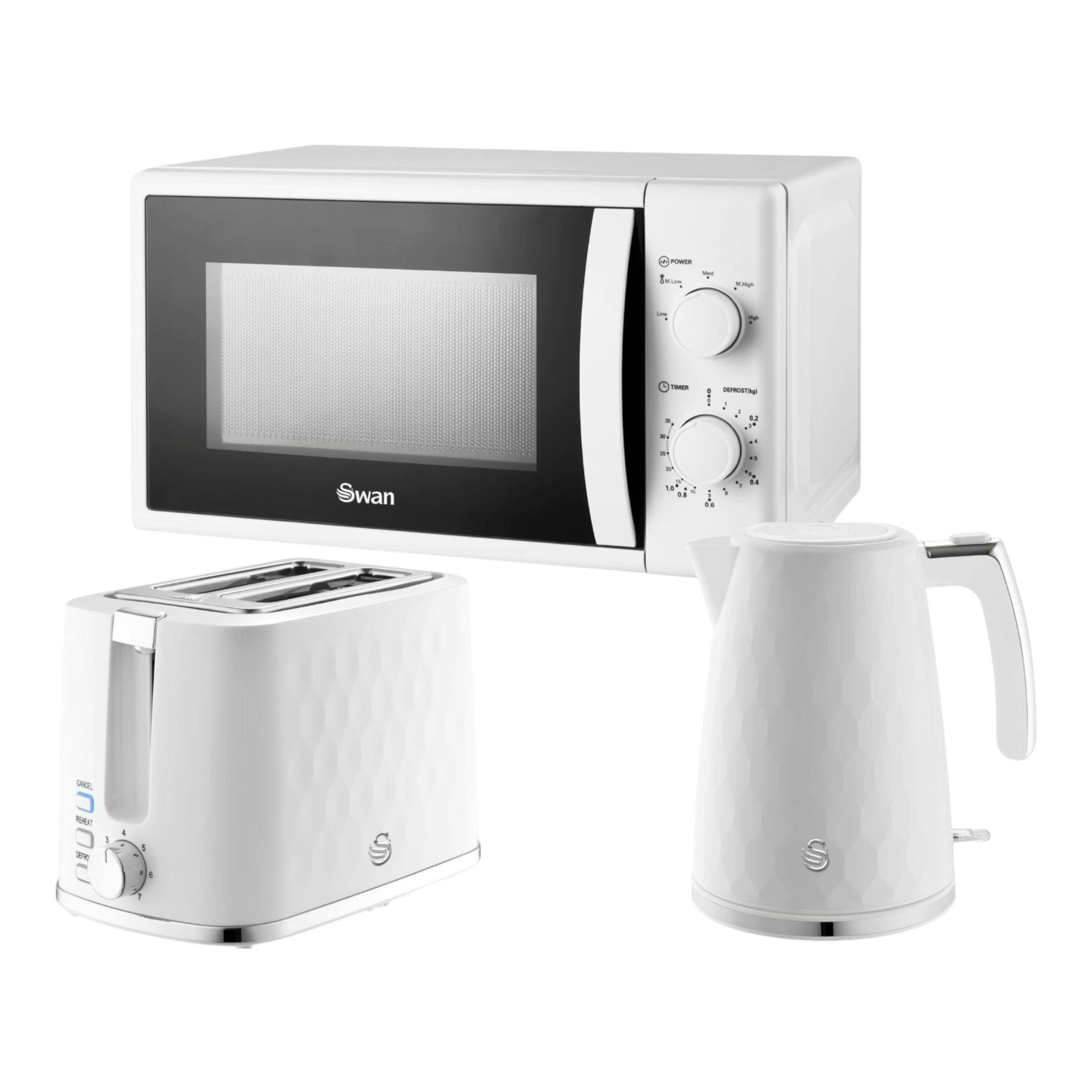 Swan Hexton White Rapid Boil Kettle, 2 Slice Toaster & 20L 800W Microwave Kitchen Set , view 1 of 1