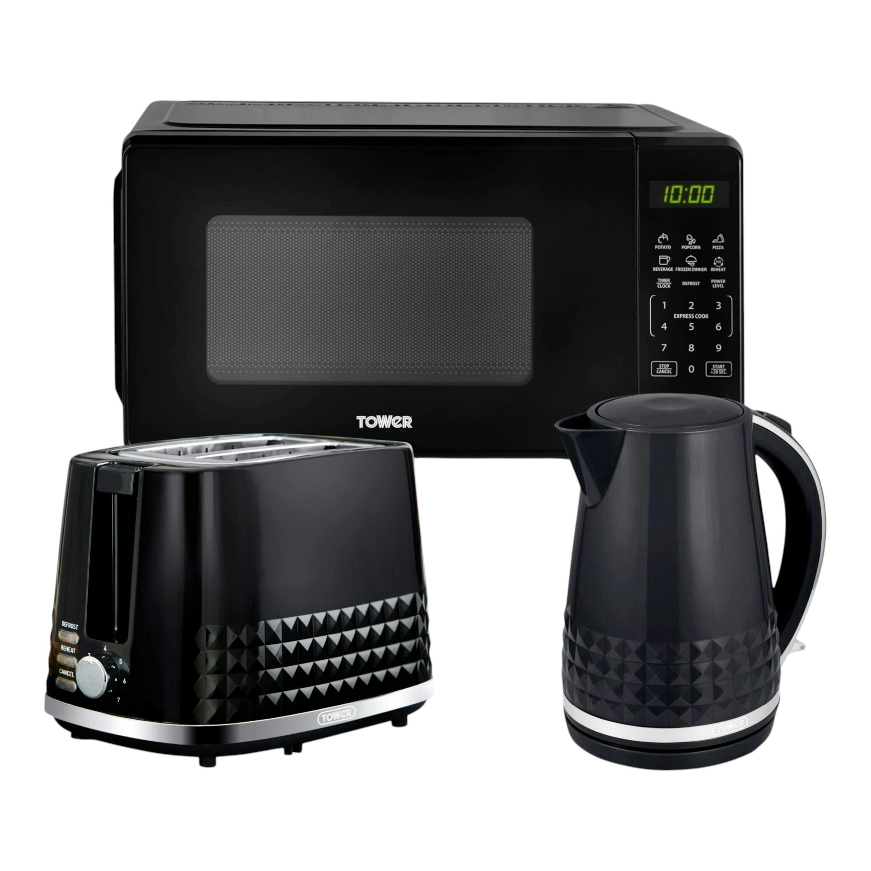 Tower Solitaire Black Jug Kettle, 2 Slice Toaster & 800W 20L Digital Microwave T24045BLK Matching Set , view 1 of 1