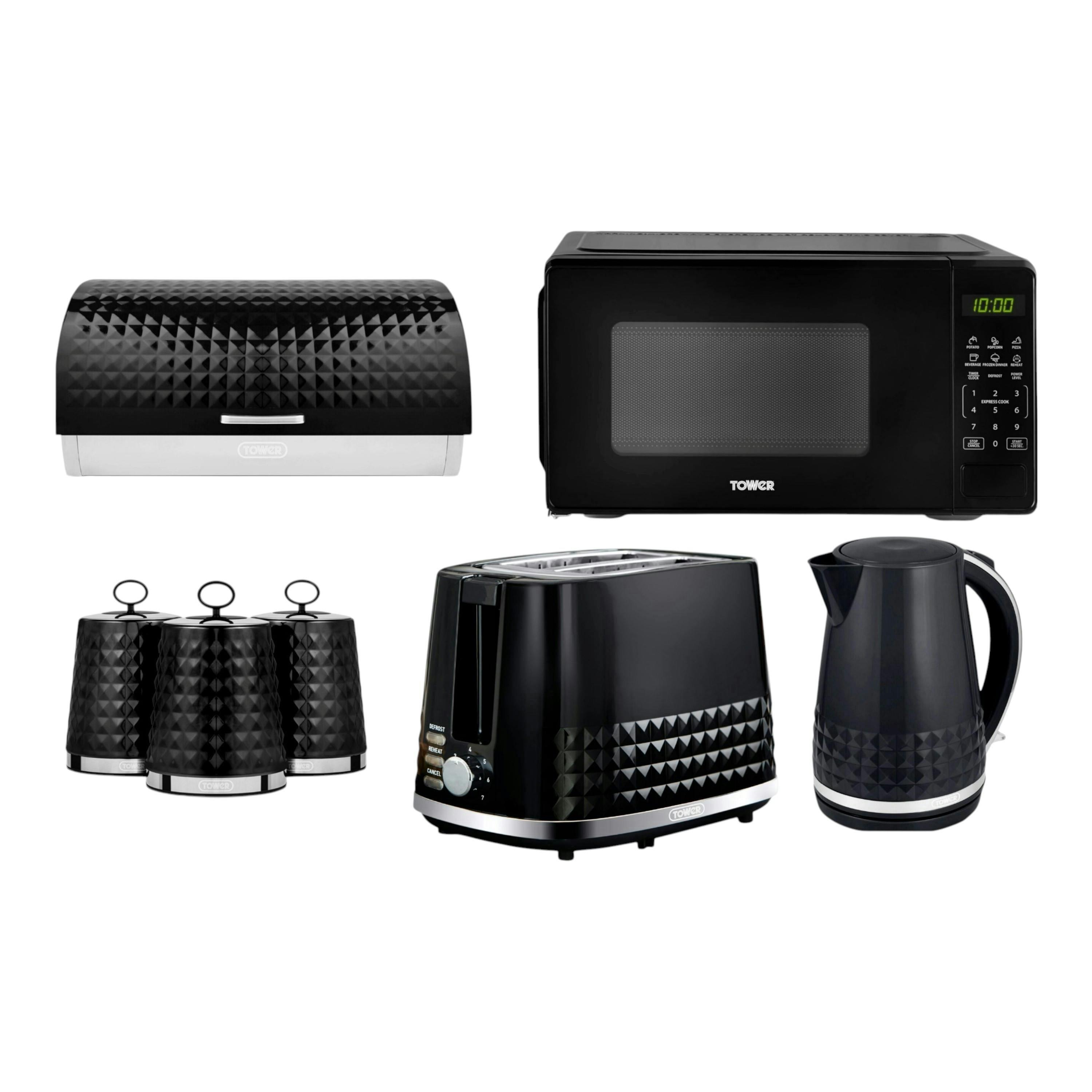 Tower Solitaire Black Jug, Kettle 2 Slice Toaster, 800W Digital Microwave, Bread Bin and Canisters Kitchen Set , view 1 of 1