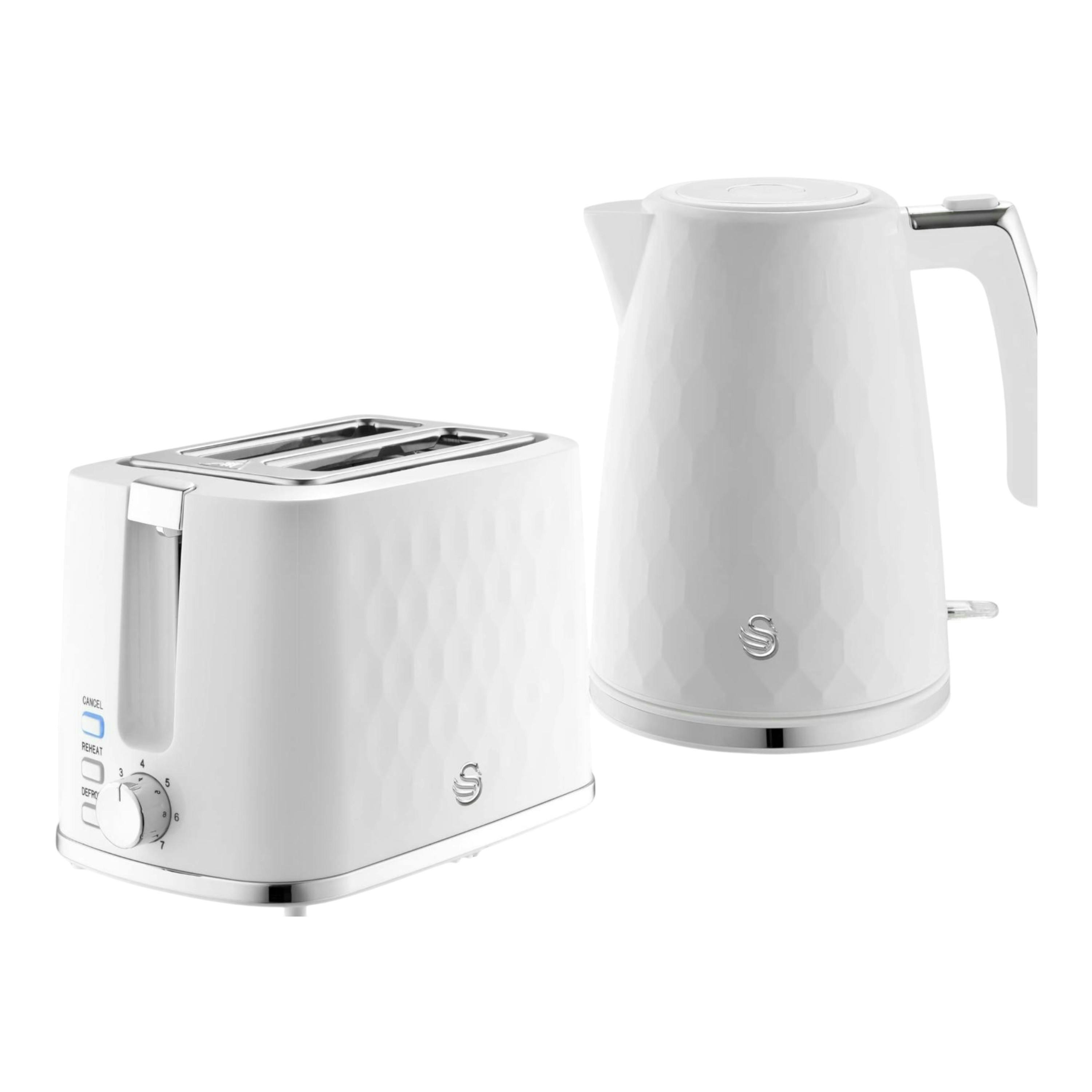 Swan Hexton White 1.7L Rapid Boil Kettle & 2 Slice Toaster with Hexagonal Textured Finish & Chrome Accents , view 1 of 1