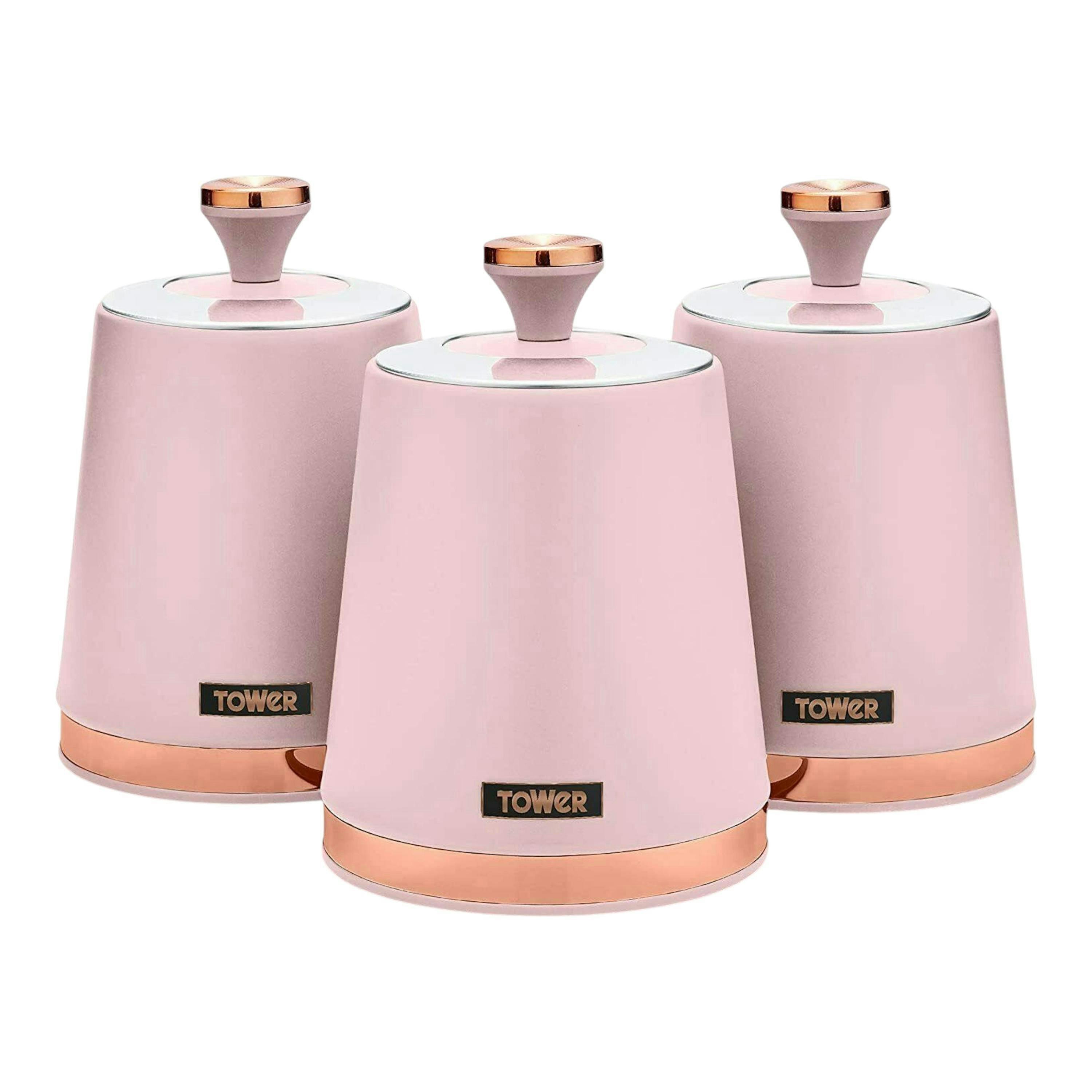 Tower Cavaletto Tea Coffee Sugar Storage Canisters Set Pink & Rose Gold , view 1 of 1