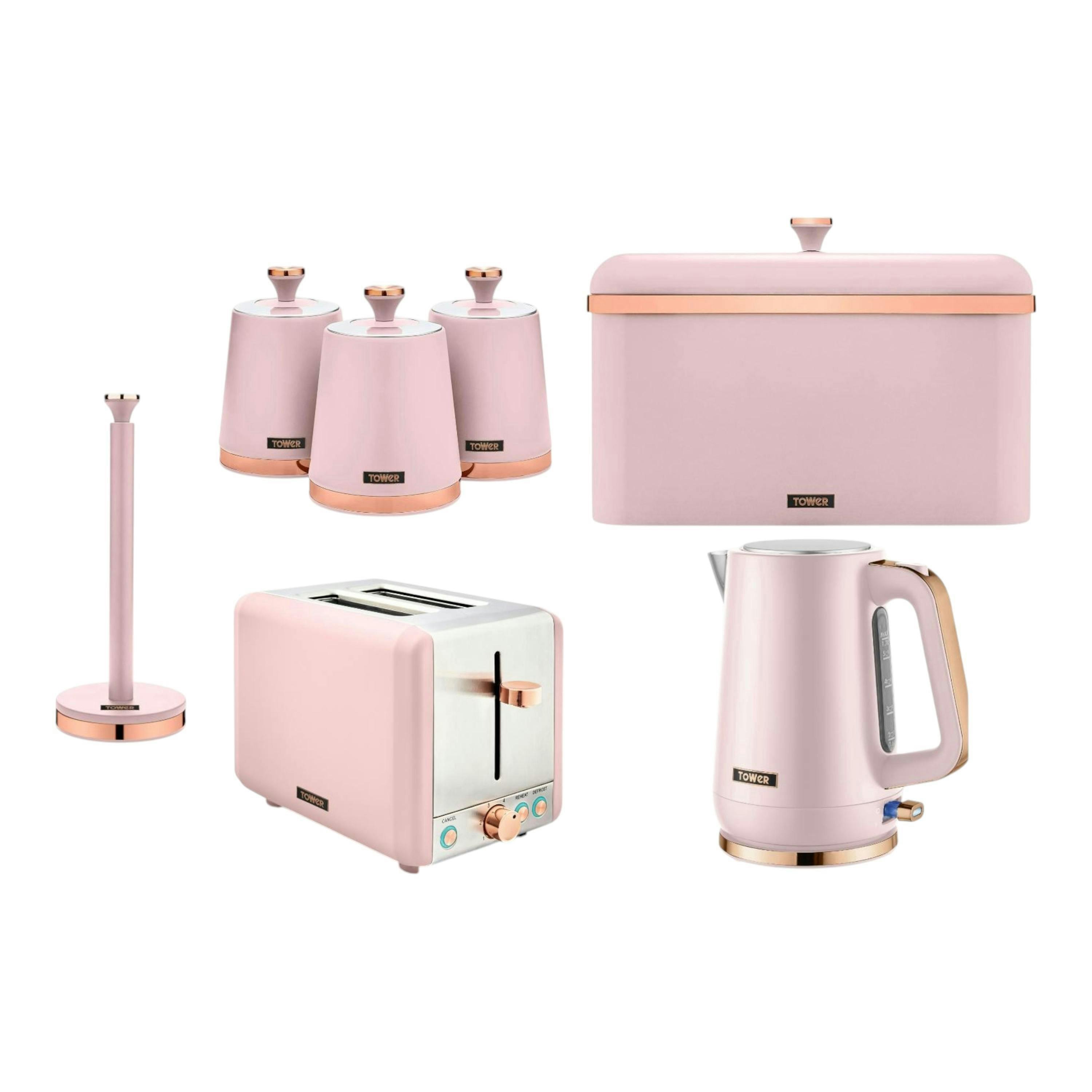 Tower Cavaletto Pink 1.7L Jug Kettle, 2 Slice Toaster, Bread Bin, 3 Canisters & Kitchen Roll Holder , view 1 of 1