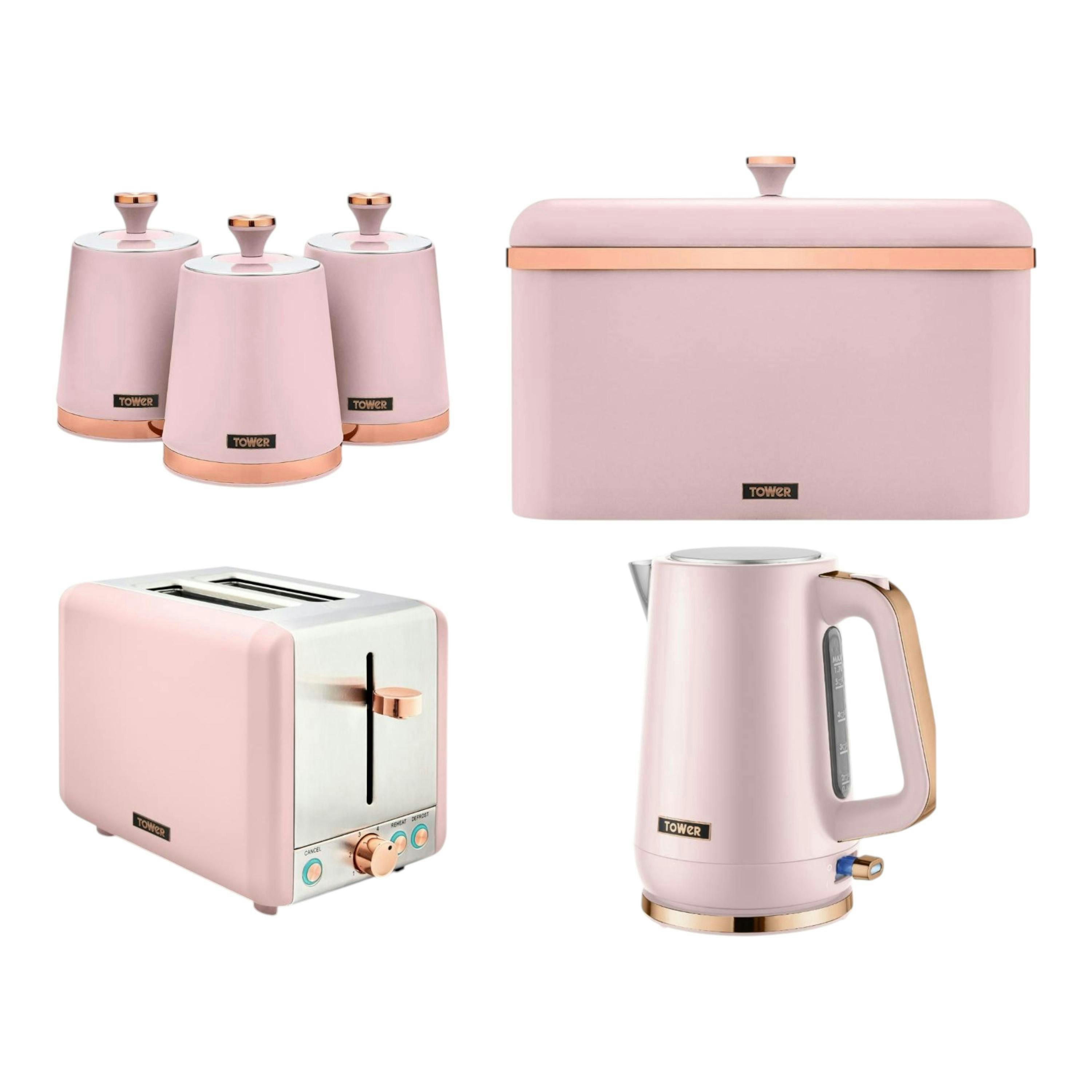 Tower Cavaletto Pink 1.7L Jug Kettle, 2 Slice Toaster, Bread Bin & 3 Canisters Kitchen Set , view 1 of 1