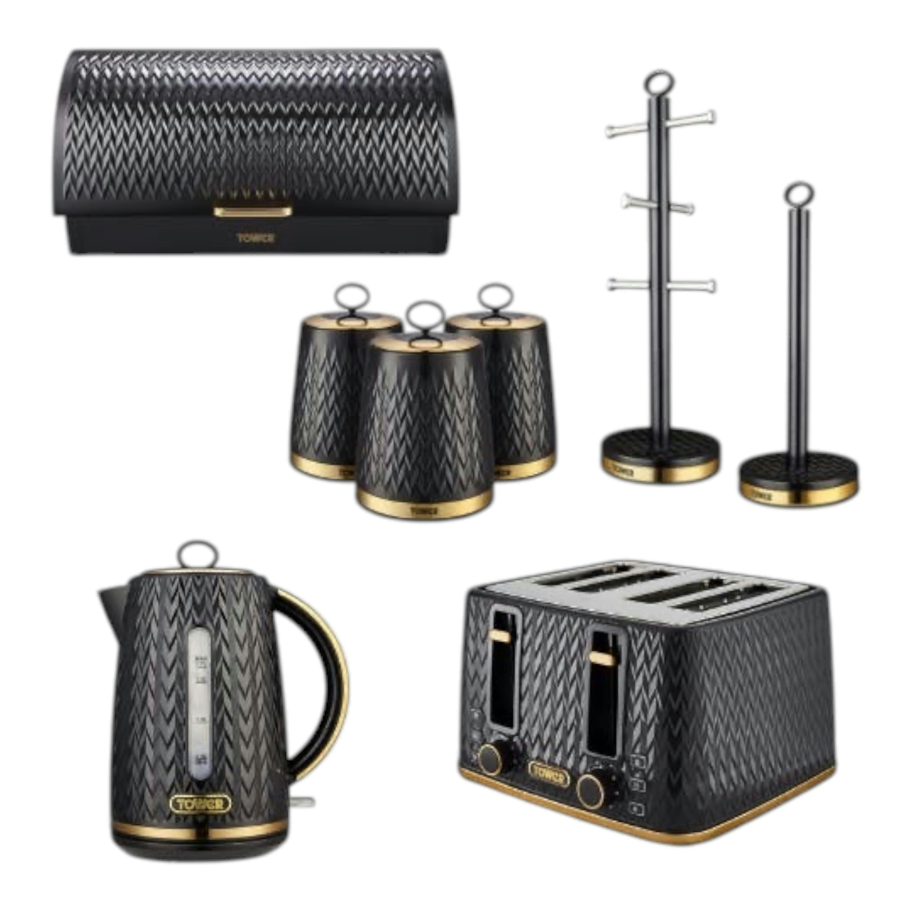 Tower Empire Black Kitchen Set of 8 - 1.7L 3KW Jug Kettle, 4 Slice Toaster, Bread Bin, Canisters, Mug Tree & Towel Pole. Art Deco Design , view 1 of 1