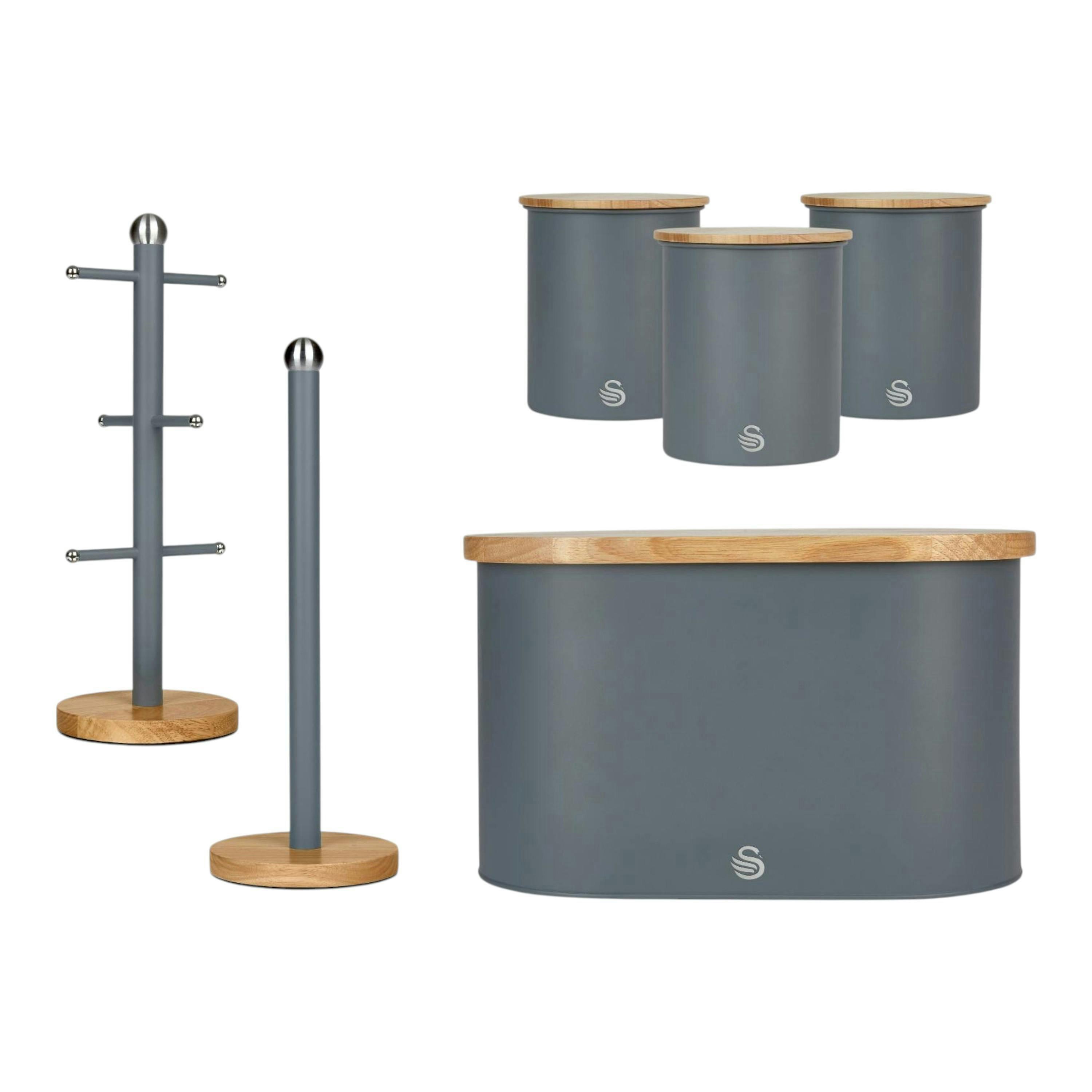 Swan Nordic Grey Bread Bin Canisters Mug Tree & Towel Pole Matching Kitchen Storage Set , view 1 of 1