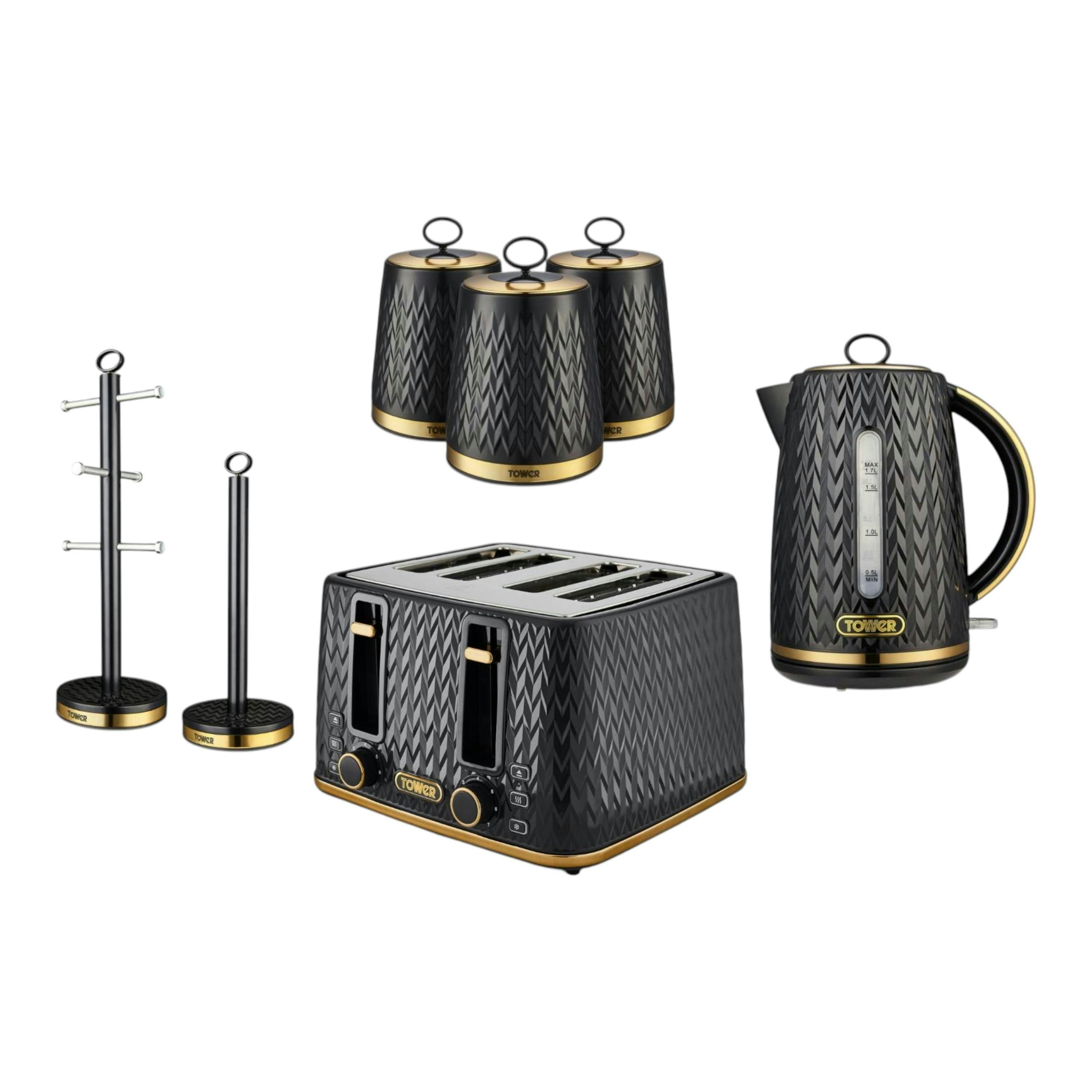 Tower Empire Black Jug Kettle 4 Slice Toaster Canisters Mug Tree Towel Pole , view 1 of 1