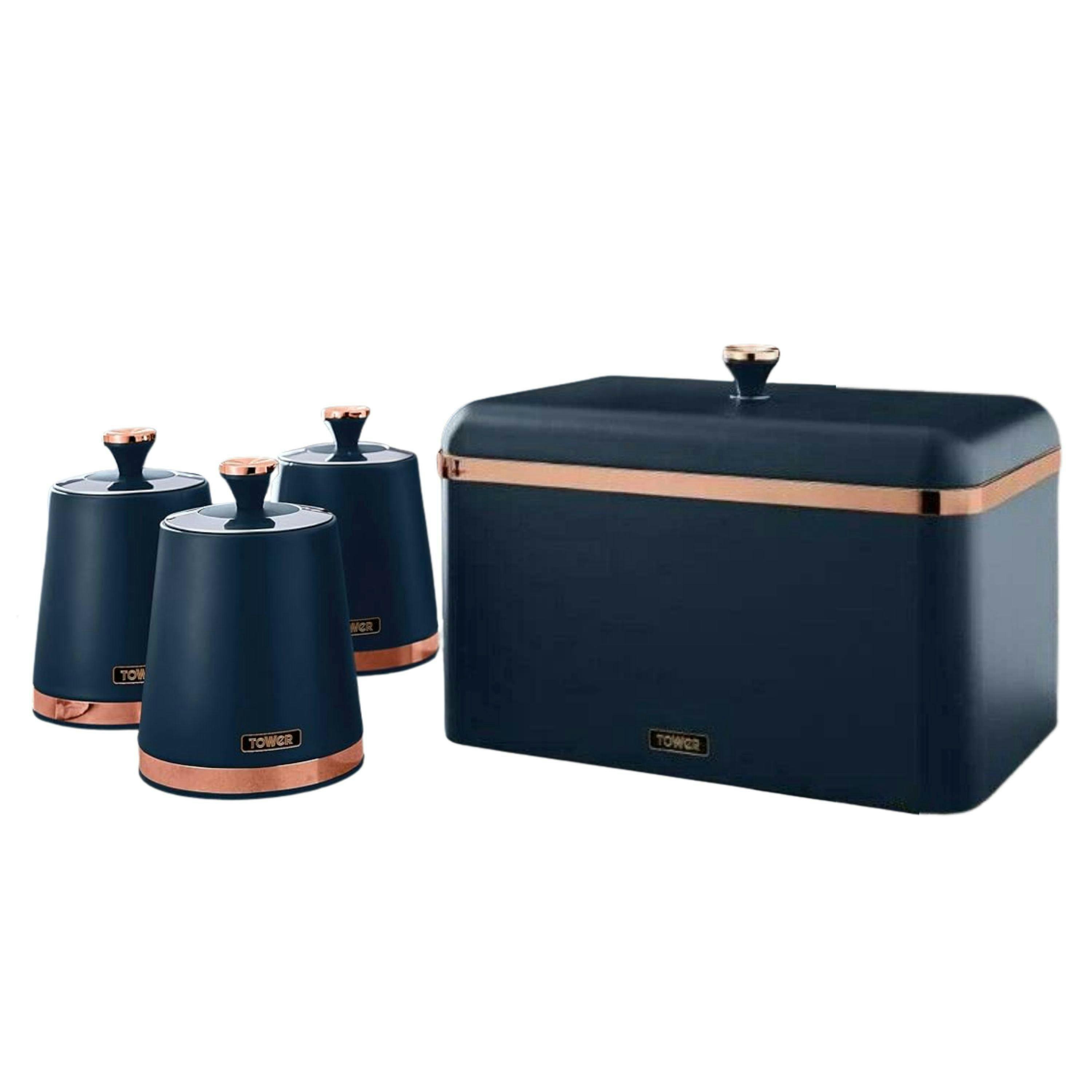 Tower Cavaletto Bread Bin Canisters Matching Kitchen Storage Set in Midnight Blue & Rose Gold , view 1 of 1
