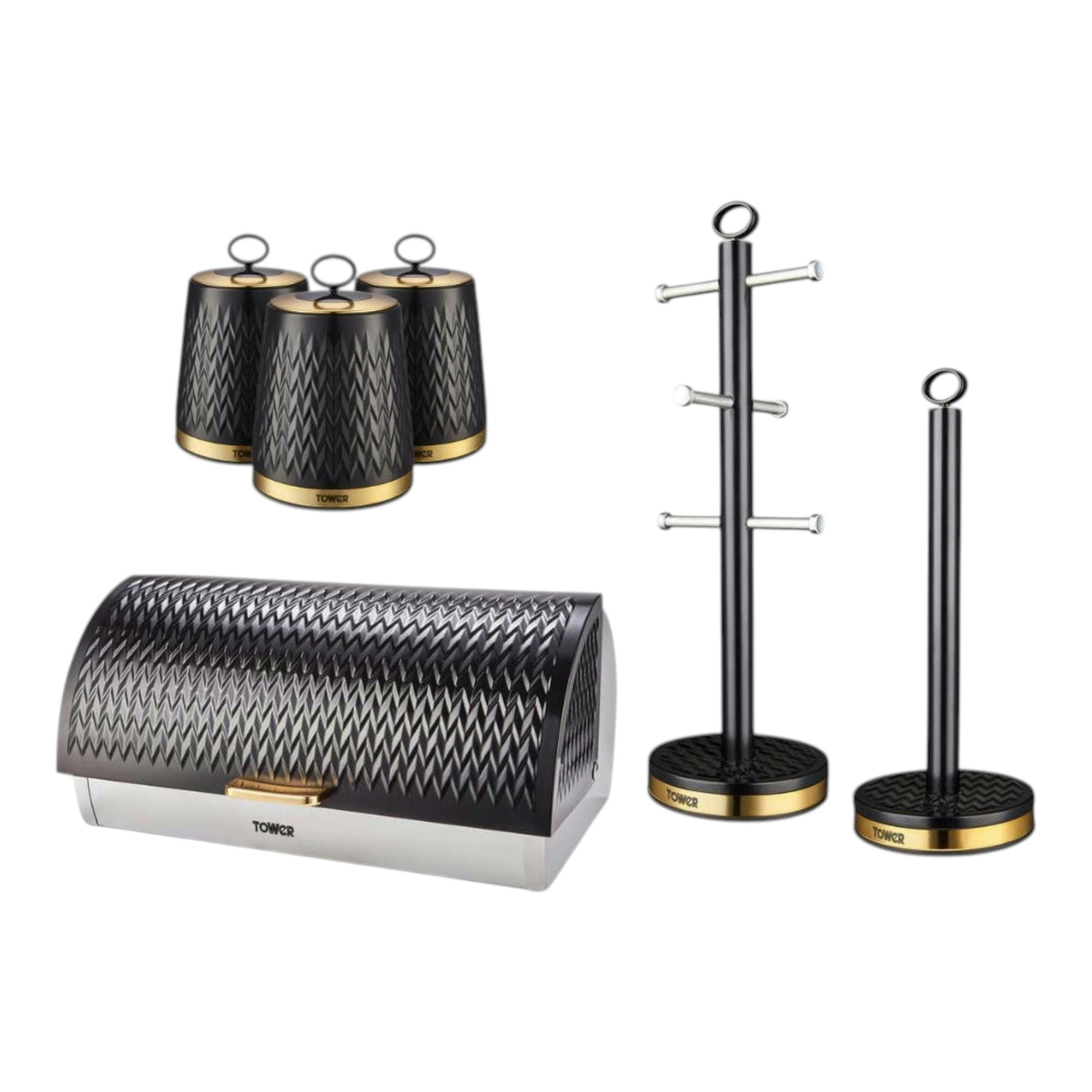 Tower Empire Bread Bin Canisters Mug Tree & Towel Pole Set Black with Brass , view 1 of 1