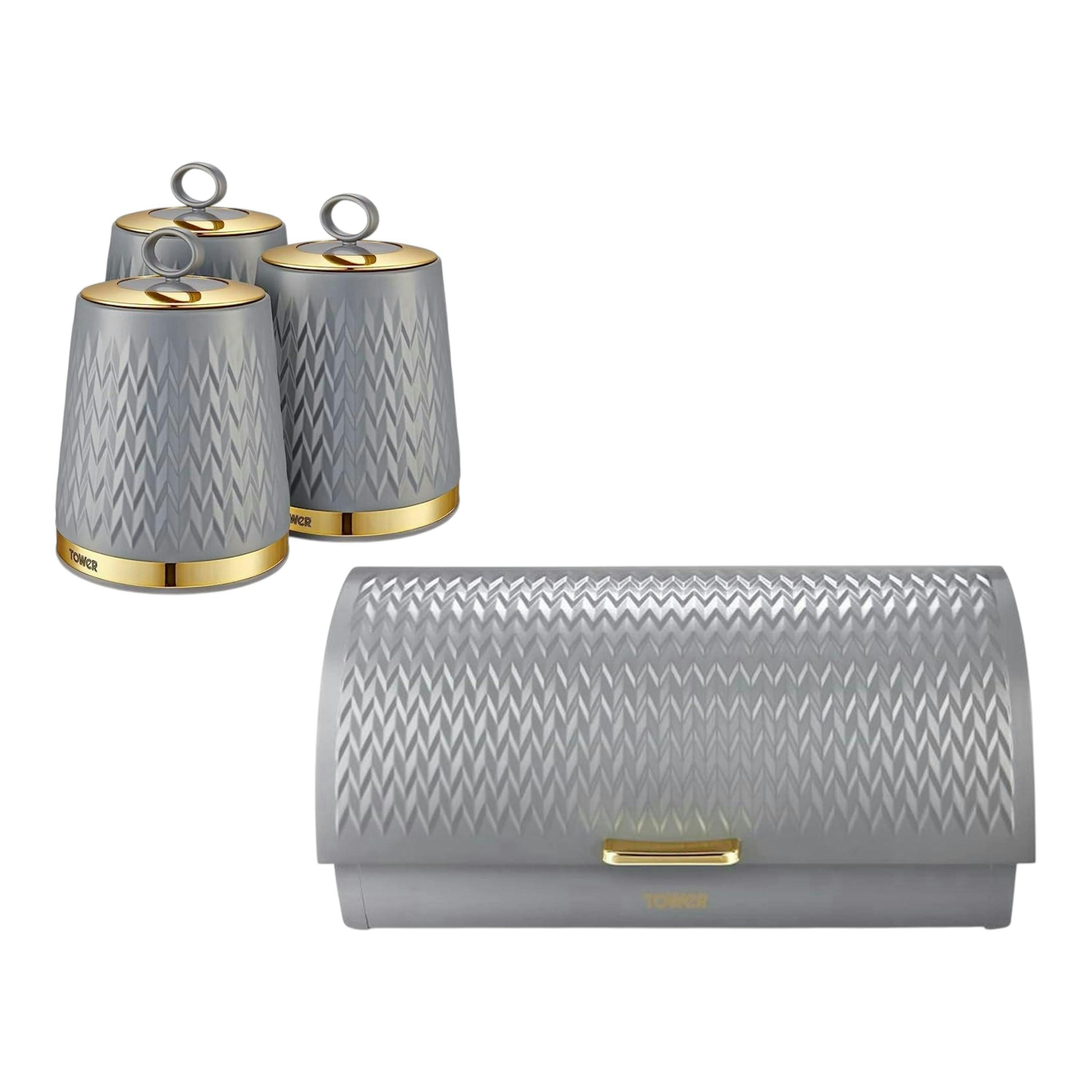 Tower Empire Bread Bin Canisters Kitchen Storage Set in Grey & Brass , view 1 of 1
