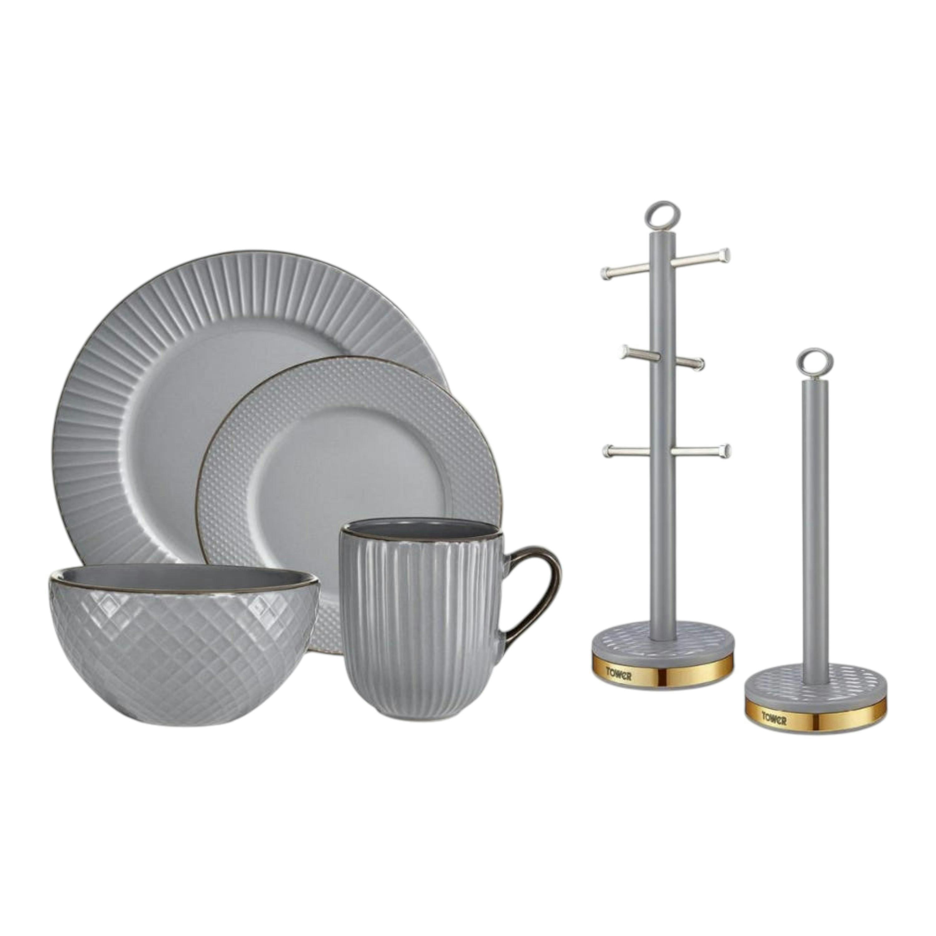 TOWER Empire 16 Piece Dinner Set, Kitchen Roll Holder & Mug Tree Grey & Brass , view 1 of 1