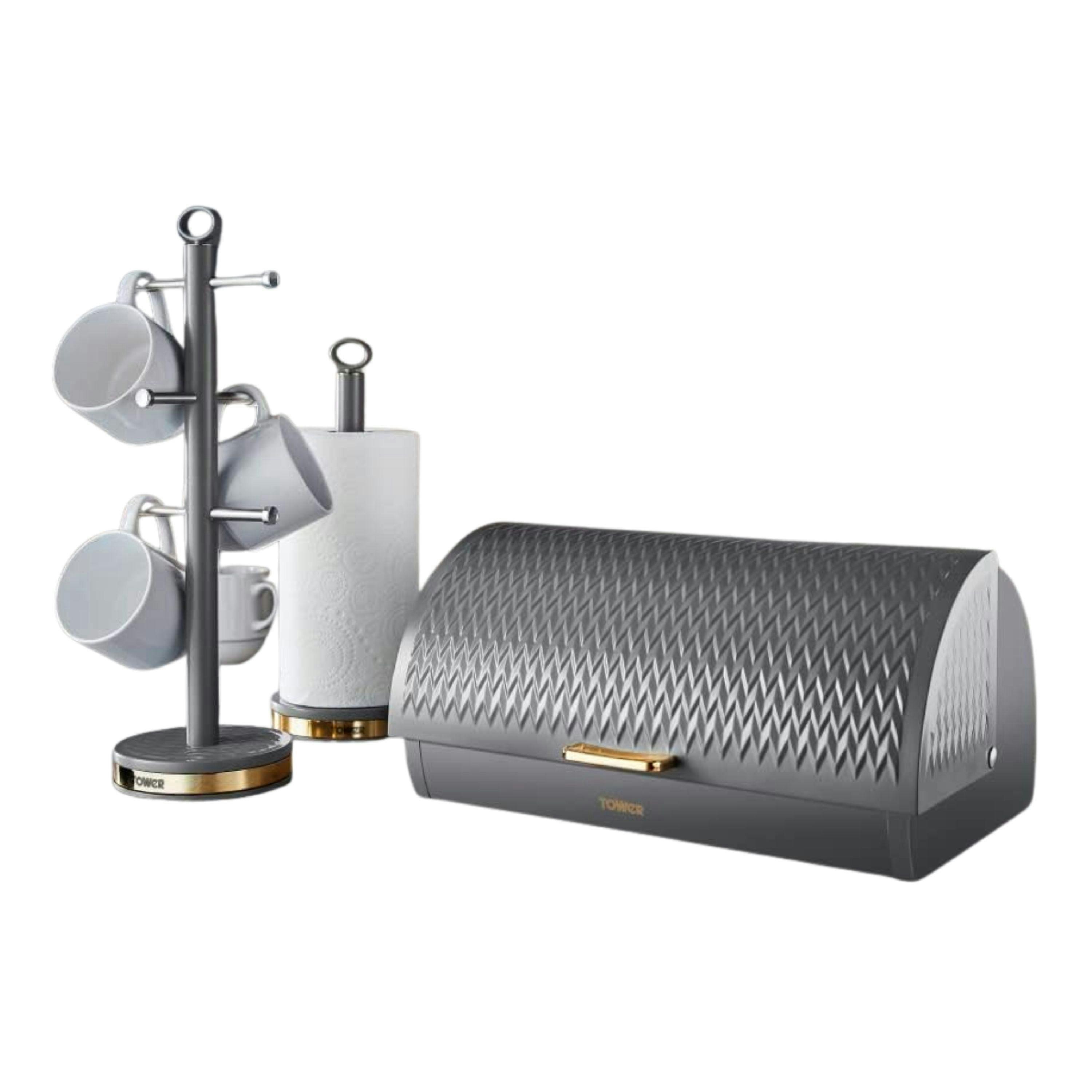 Tower Empire Bread Bin, Mug Tree & Towel Pole Matching Set in Grey & Brass , view 1 of 1