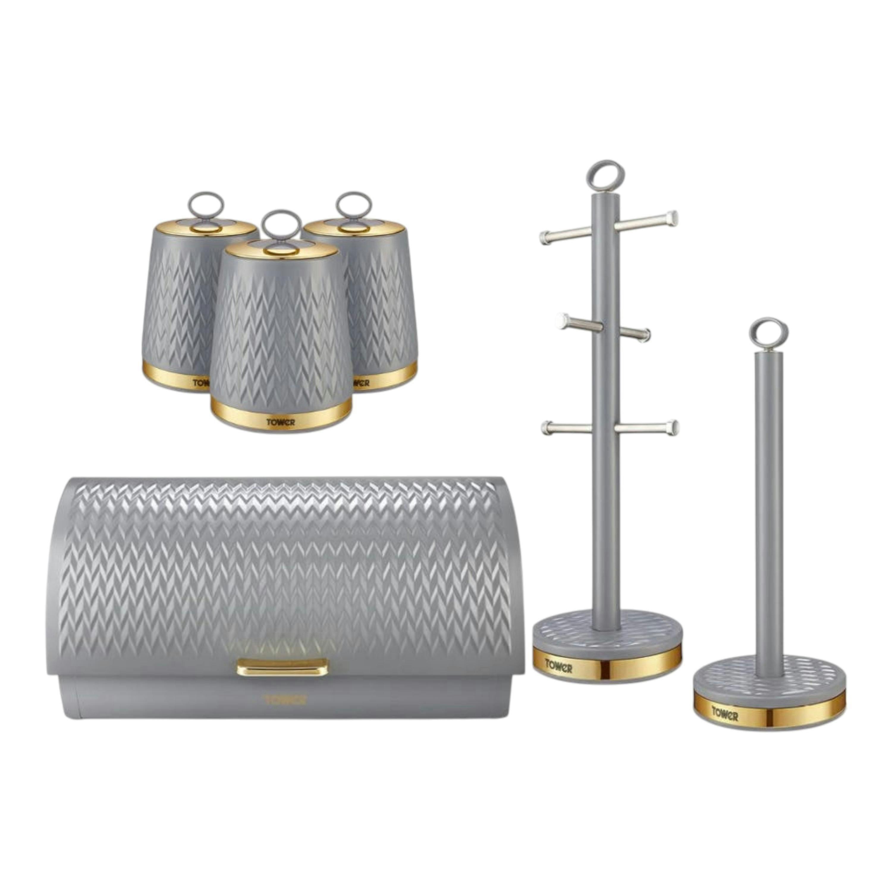 Tower Empire Grey Bread Bin Canisters Mug Tree & Towel Pole Matching Kitchen Storage Set , view 1 of 1
