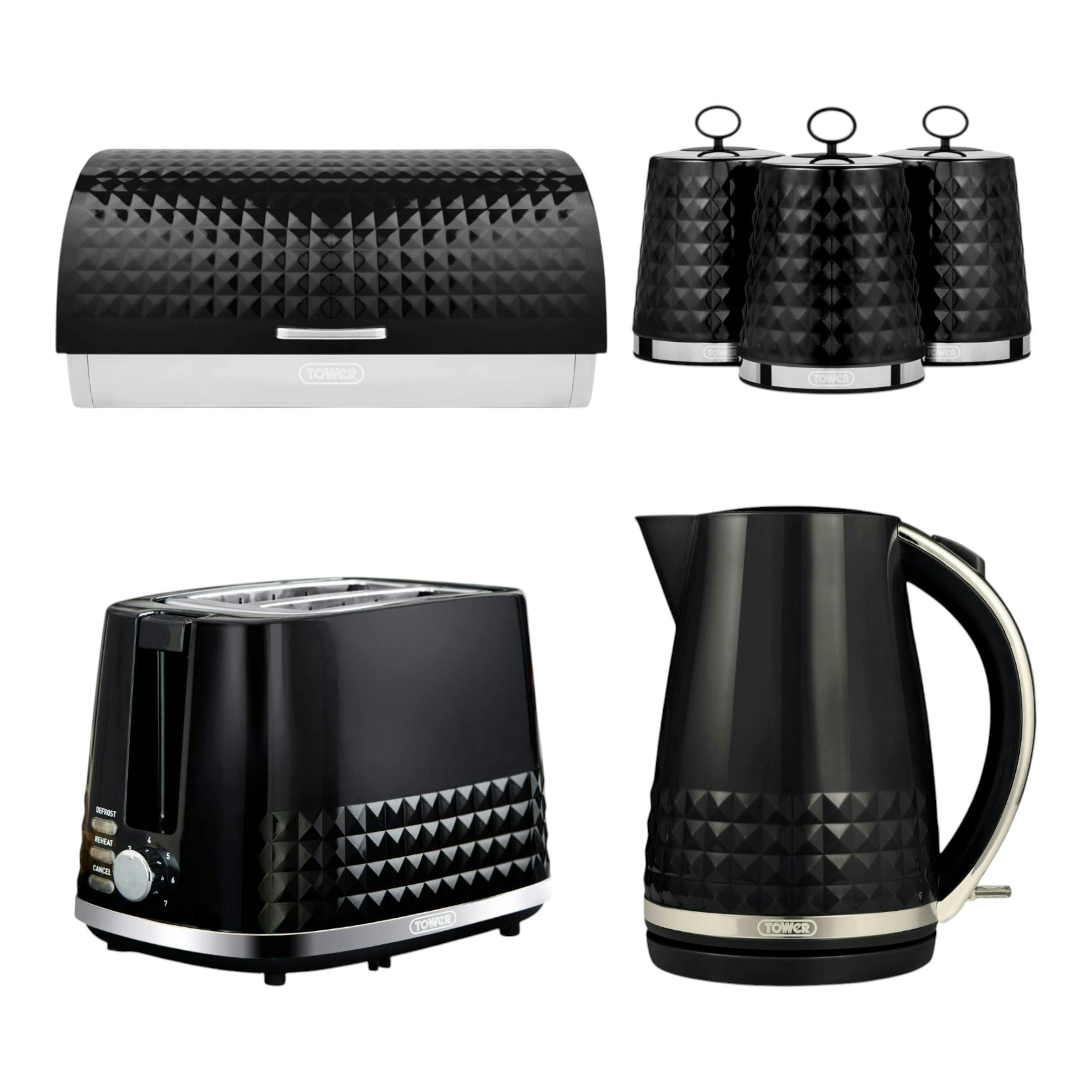 Tower Solitaire Jug Kettle, 2 Slice Toaster, Bread Bin & Canisters Set of 6 in Black & Chrome , view 1 of 1