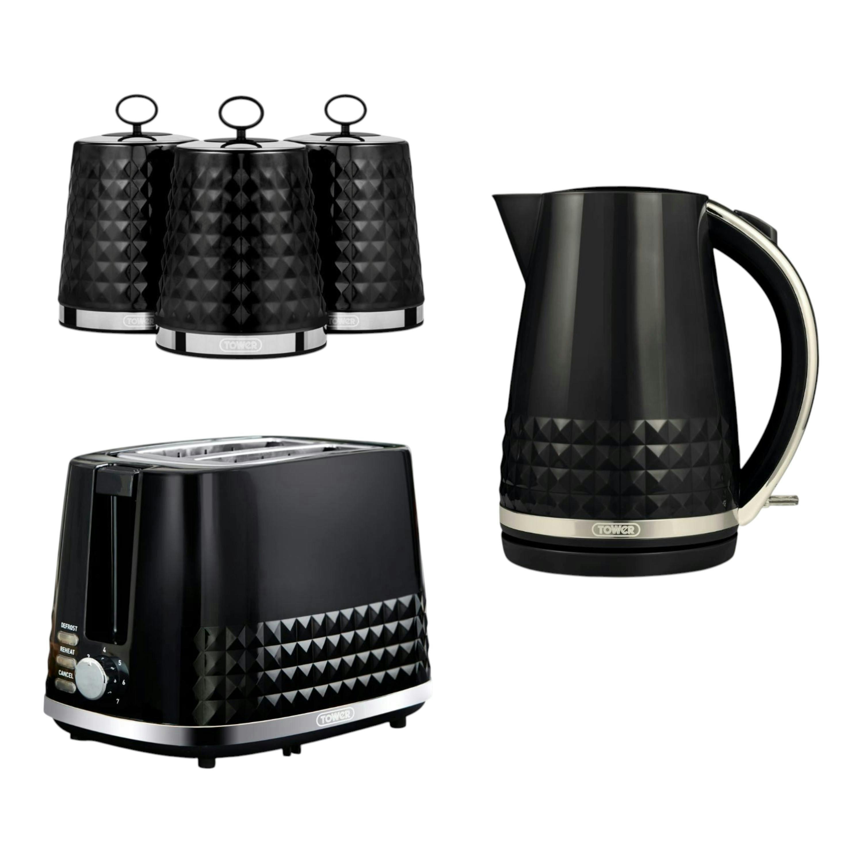 Tower Solitaire Jug Kettle, 2 Slice Toaster & Canisters Kitchen Set of 5 in Black & Chrome , view 1 of 1