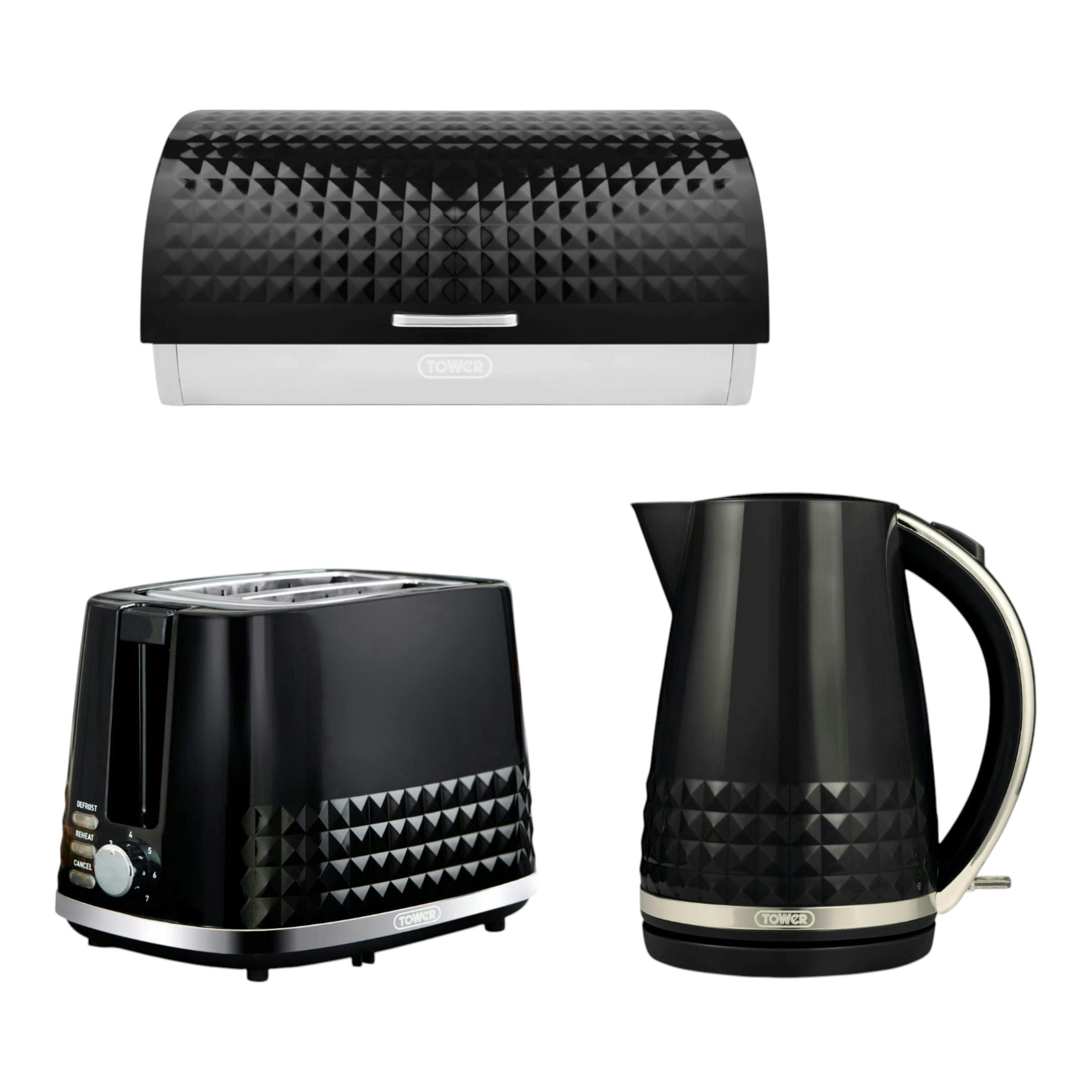 Tower Solitaire Jug Kettle, 2 Slice Toaster & Bread Bin in Black & Chrome Matching Set , view 1 of 1
