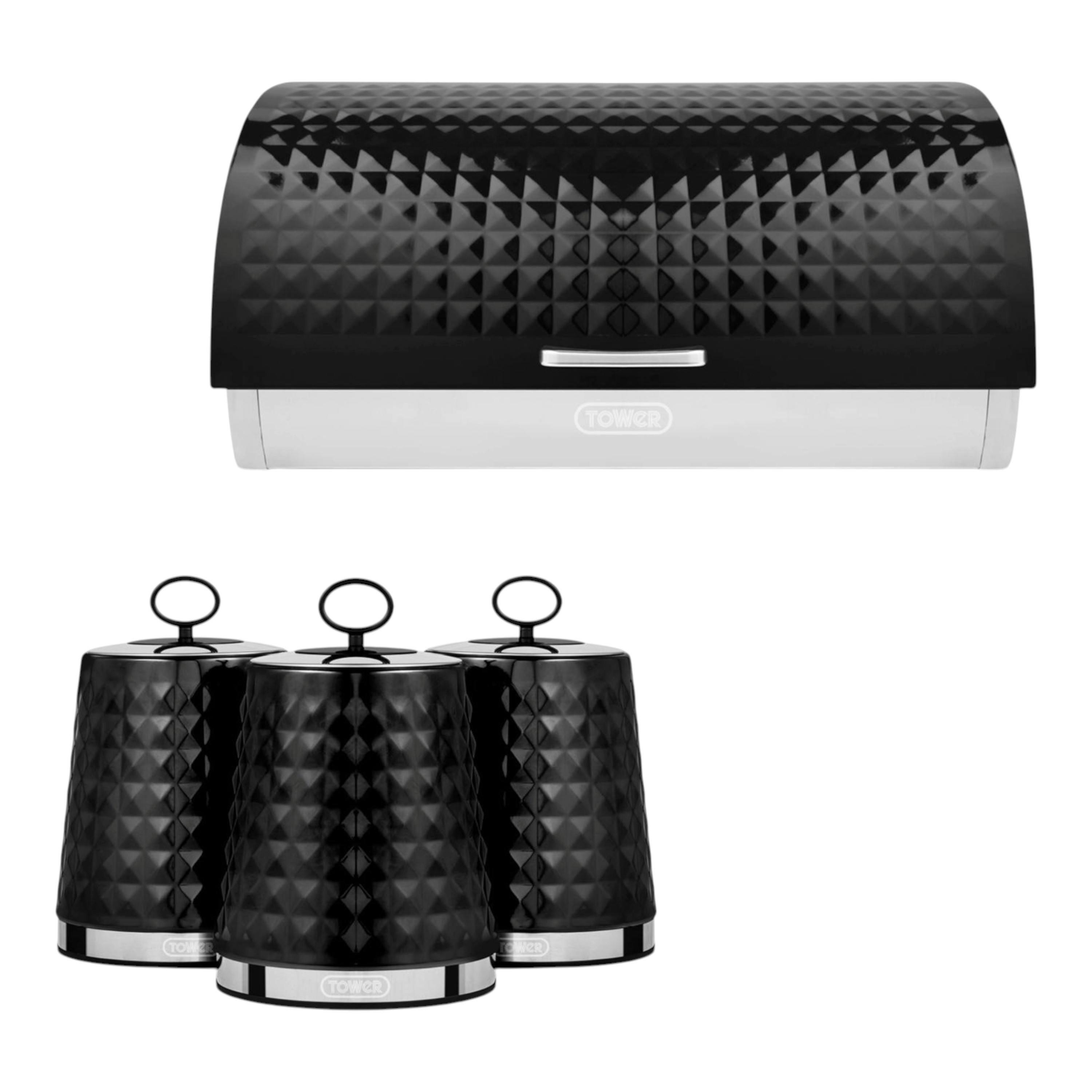 Tower Solitaire Black Bread Bin & Canisters Storage Set with Embossed Diamond Design , view 1 of 1