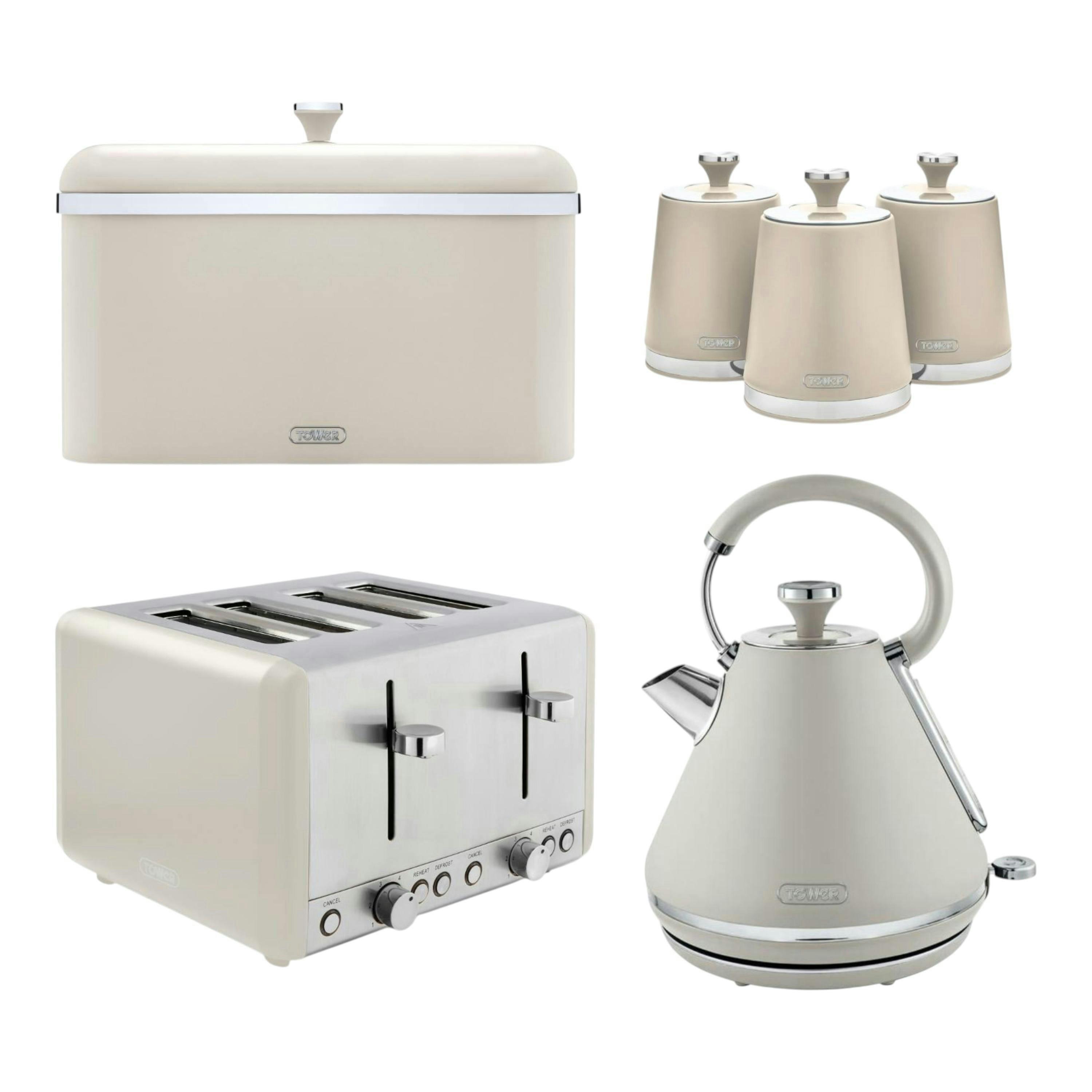 Tower Cavaletto Pyramid Kettle, 4 Slice Toaster, Bread Bin & Canisters Matching Set in Latte with Chrome Accents , view 1 of 1