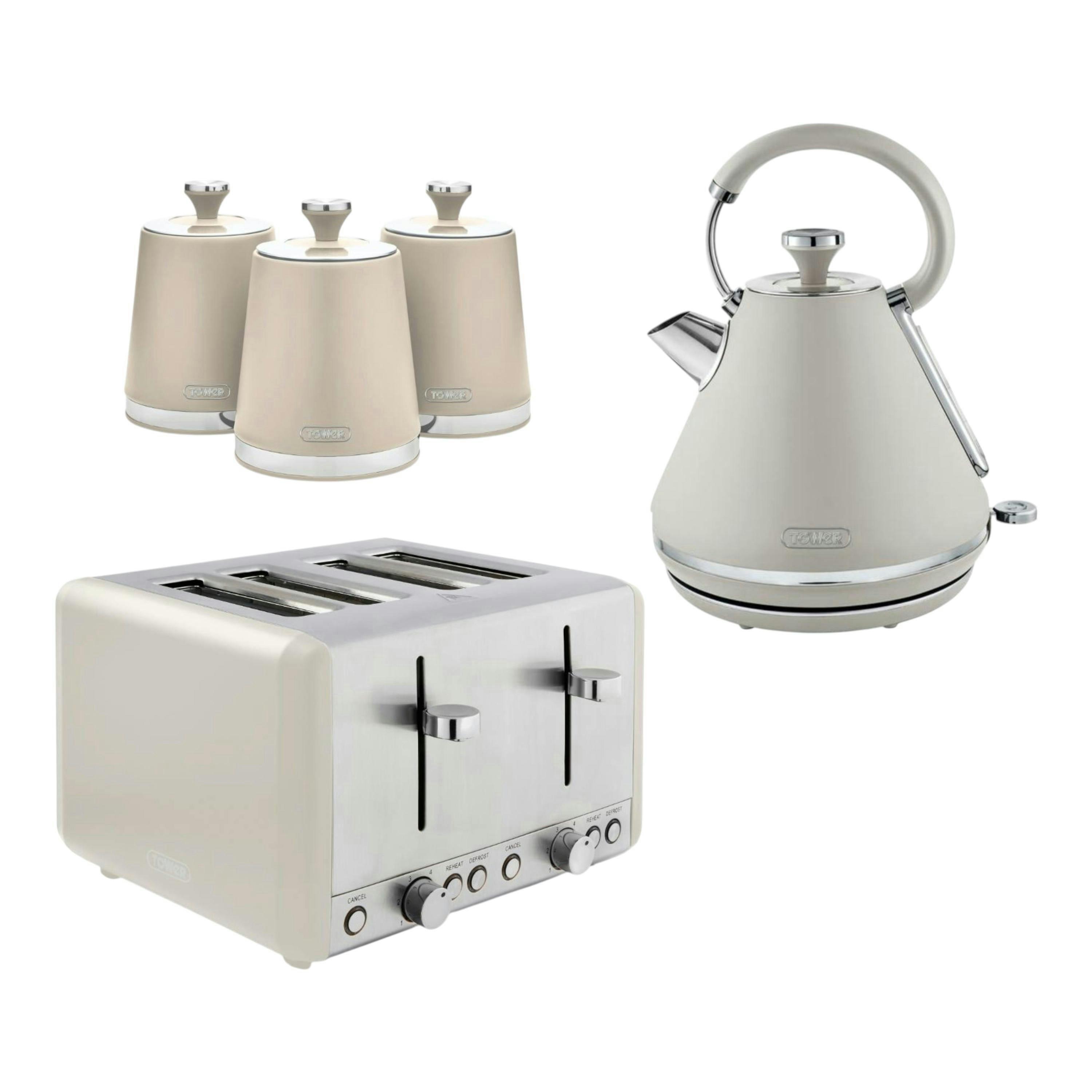 Tower Cavaletto Pyramid Kettle, 4 Slice Toaster & Canisters Matching Set in Latte with Chrome Accents , view 1 of 1