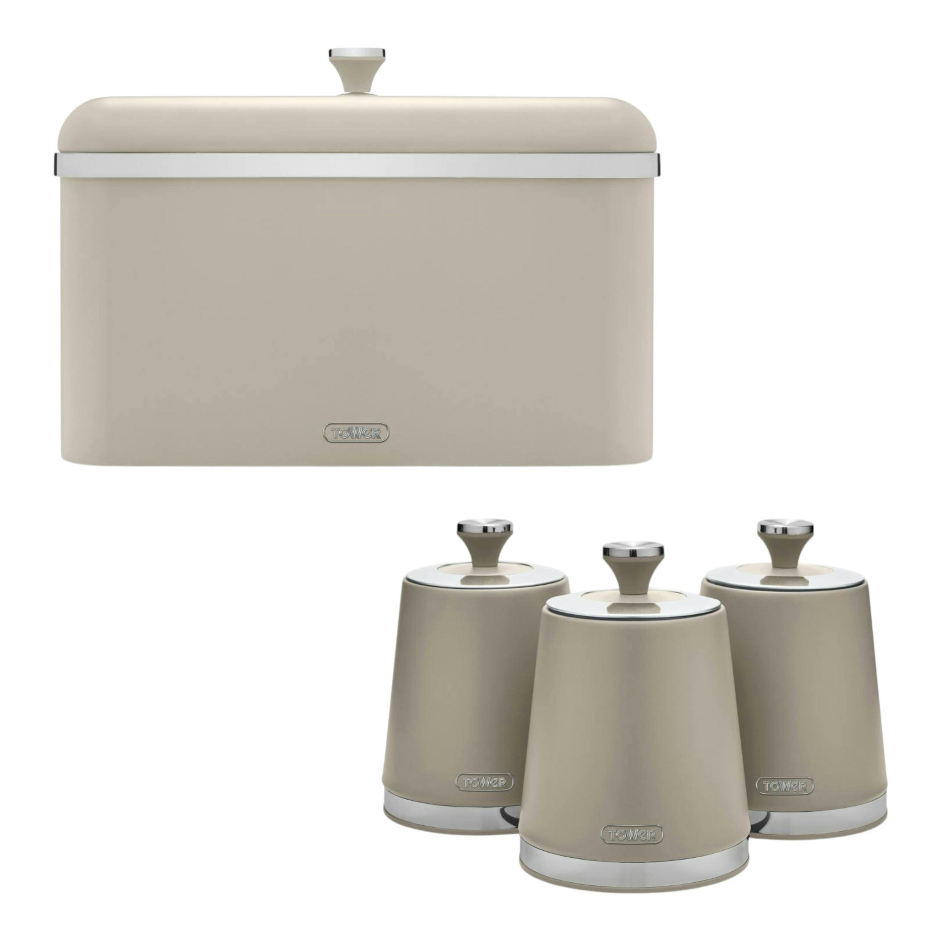 Tower Cavaletto Bread Bin Canisters Kitchen Storage Set Latte & Chrome Accents , view 1 of 1