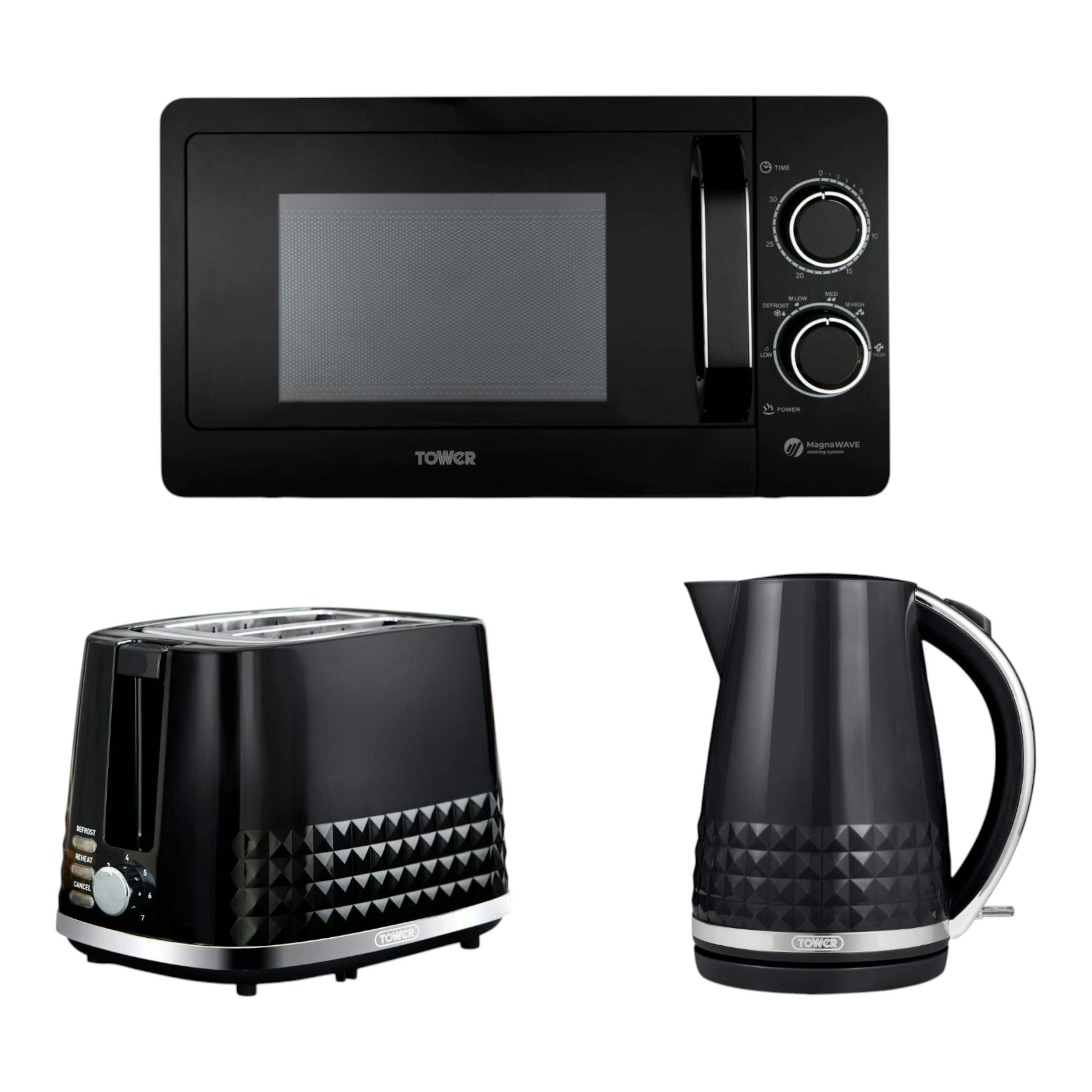 Tower Solitaire Black 1.5L 3KW Kettle, 2 Slice Toaster & T24042BLK 20L Manual Microwave Matching Set , view 1 of 1