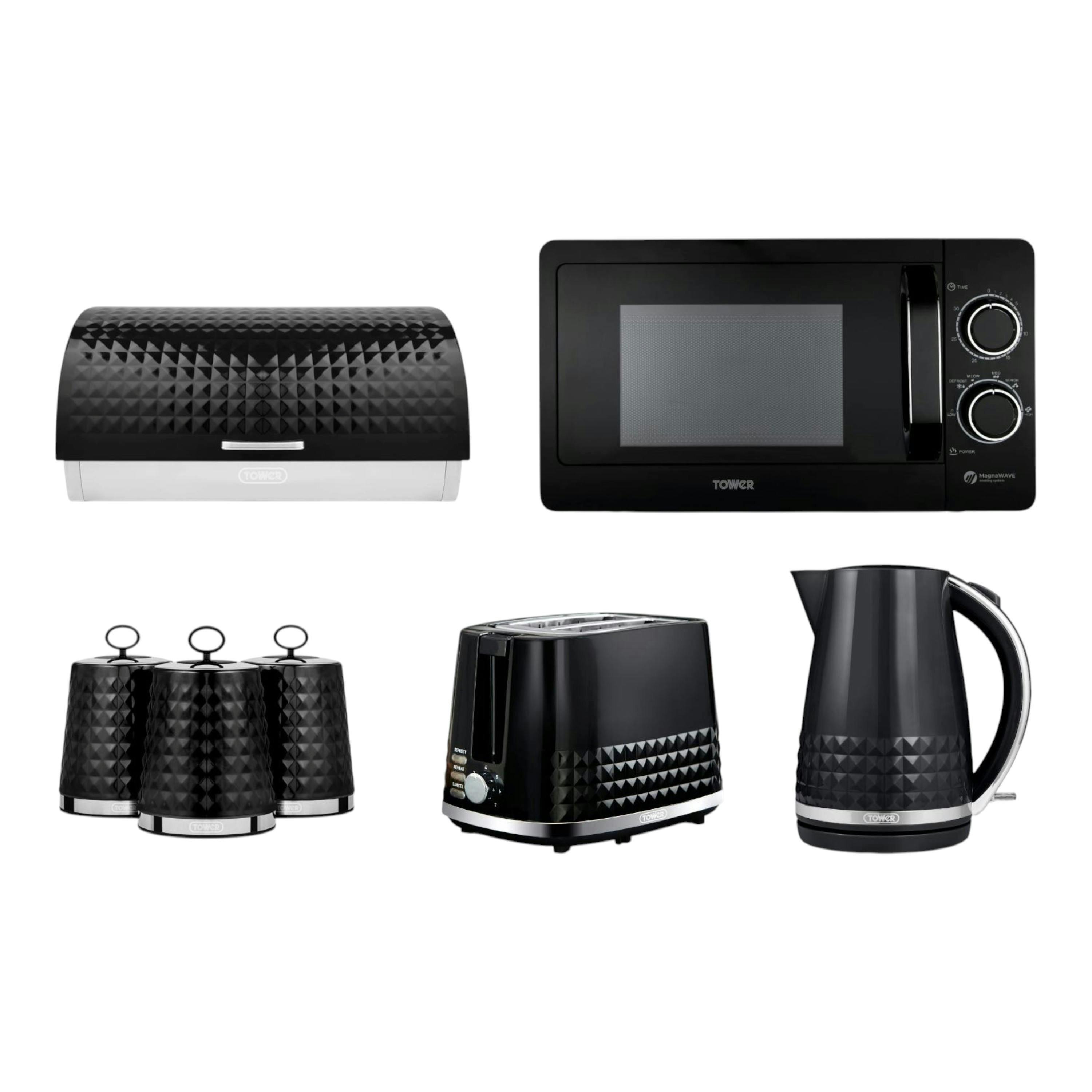 Tower Solitaire Black 1.5L 3KW Kettle, 2 Slice Toaster, 800W 20L Manual Microwave T24042BLK, Bread Bin & Tea, Coffee & Sugar Canisters Matching Set of 7 , view 1 of 1