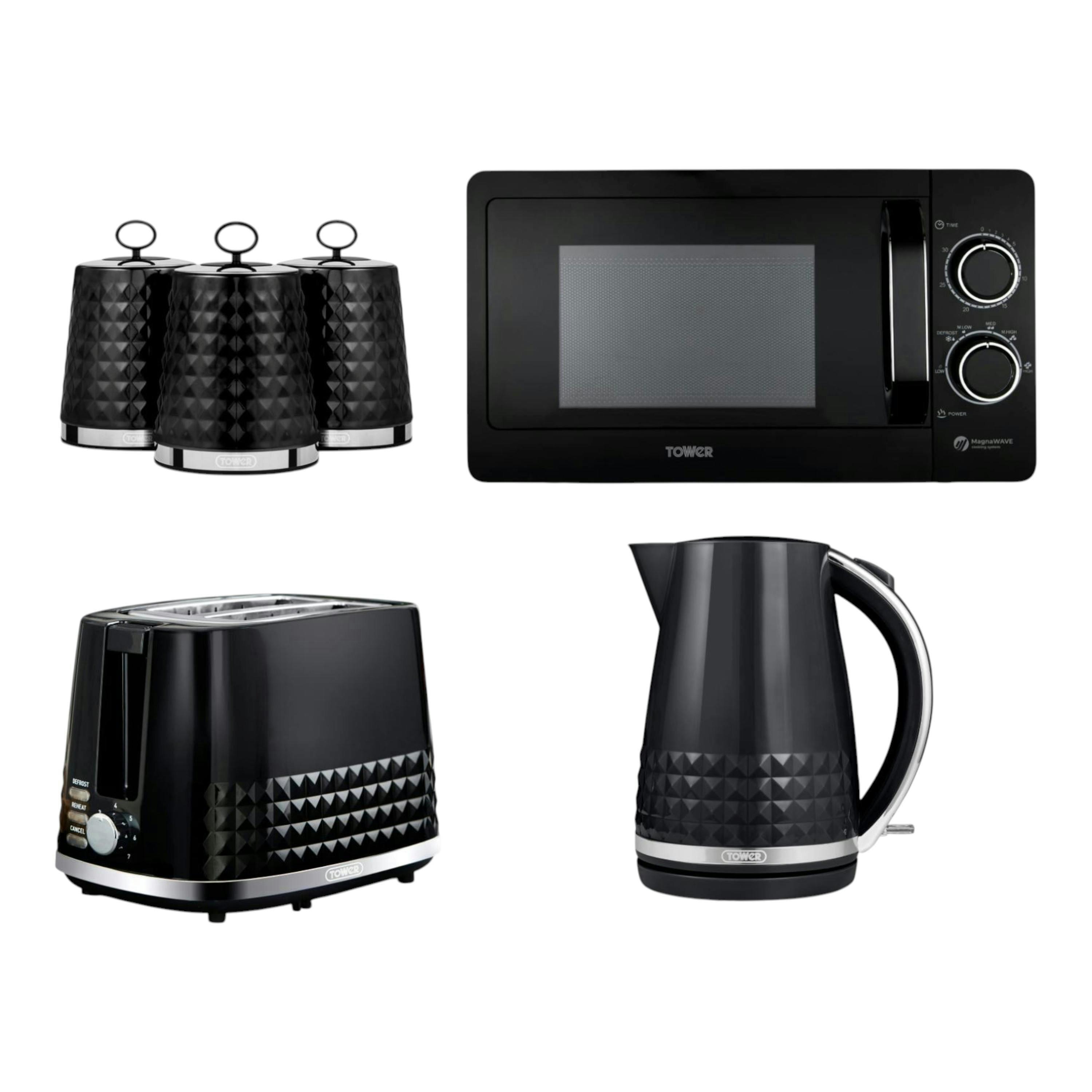 Tower Solitaire Black 1.5L 3KW Kettle, 2 Slice Toaster, 800W 20L Manual Microwave T24042BLK & Tea, Coffee & Sugar Canisters Matching Set of 6 , view 1 of 1