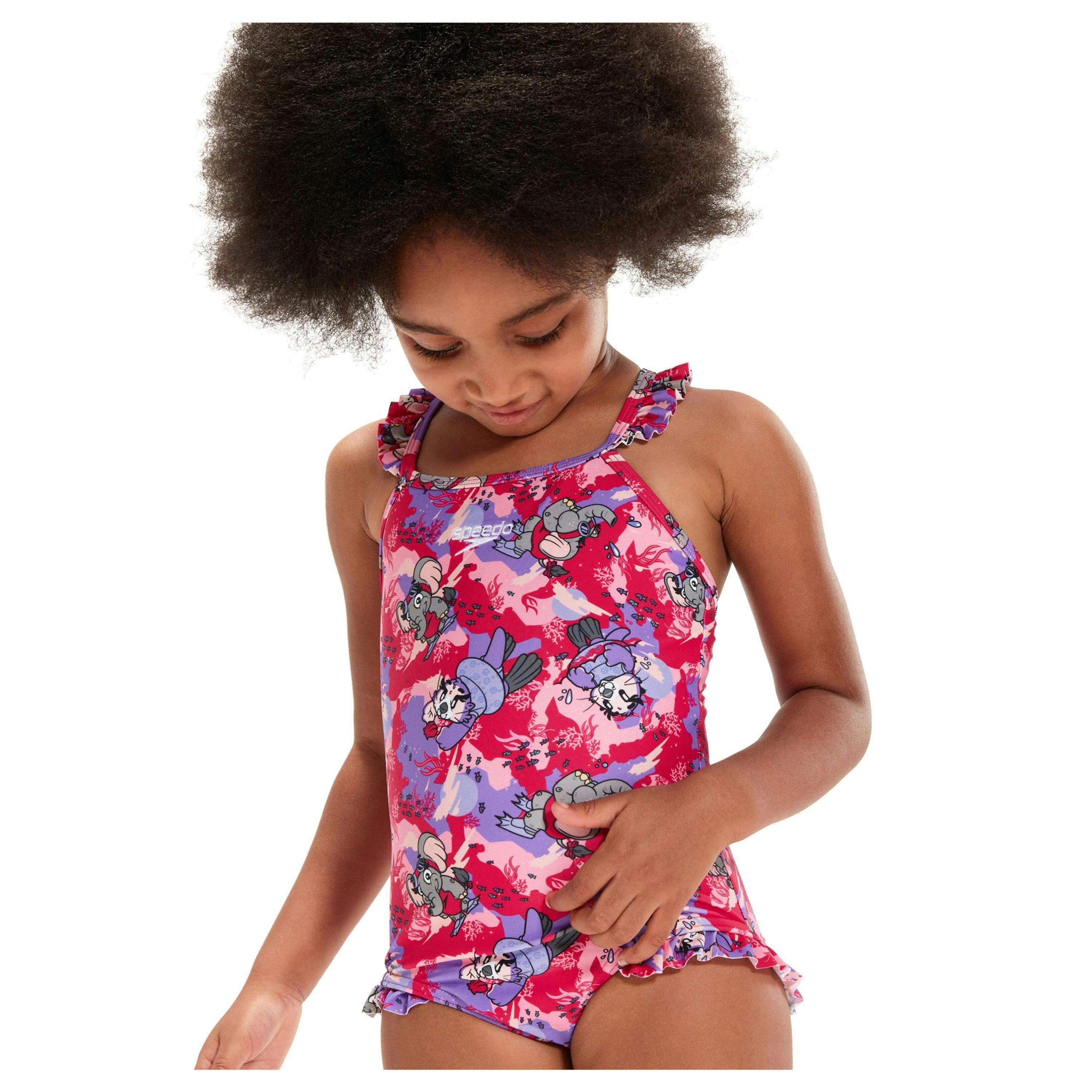 Speedo Baby Girls Learn To Swim Printed Thin Strap Frill One Piece Swimsuit , view 3 of 5