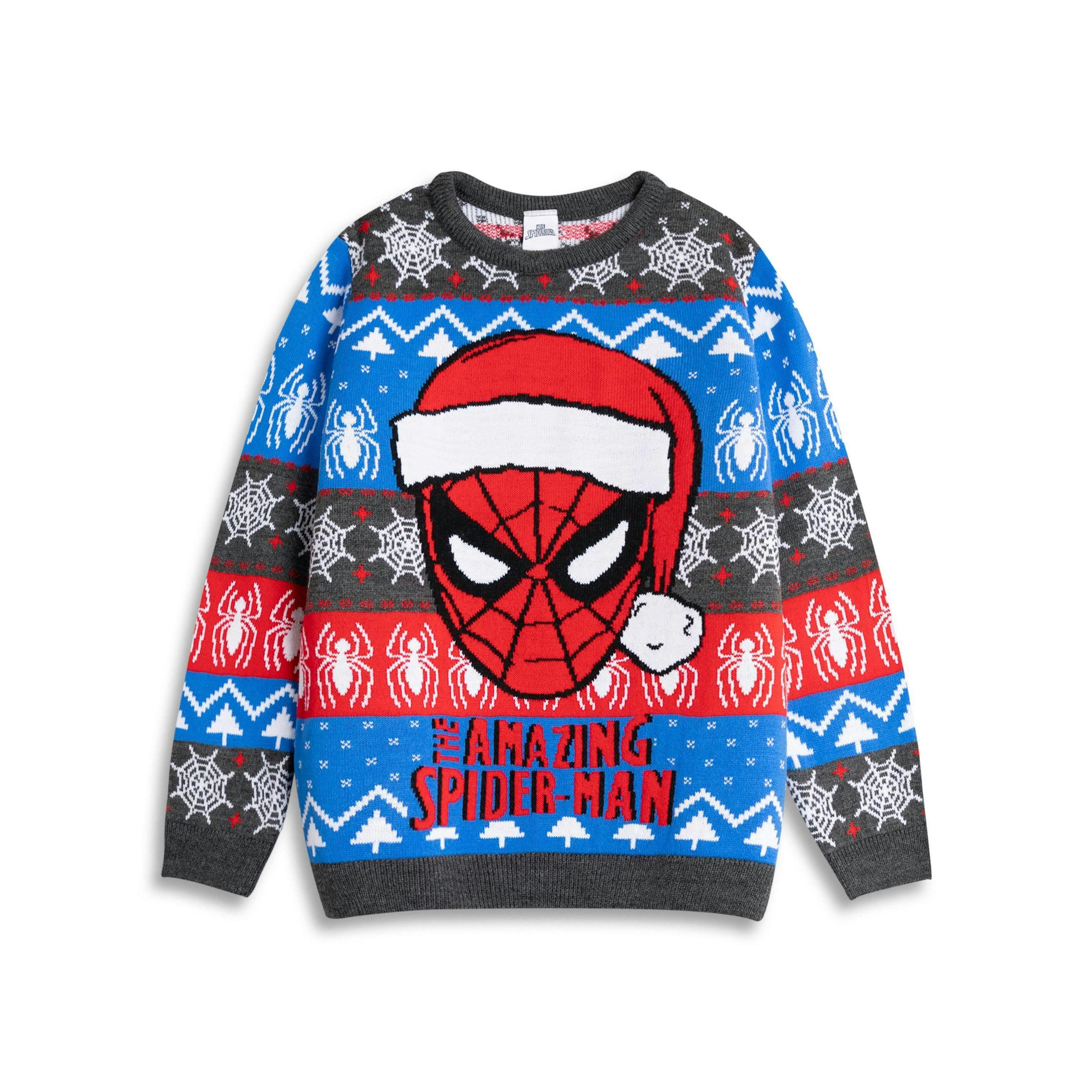 Spiderman Boys Blue Character Face Christmas Jumper by Vanilla Underground , view 1 of 1