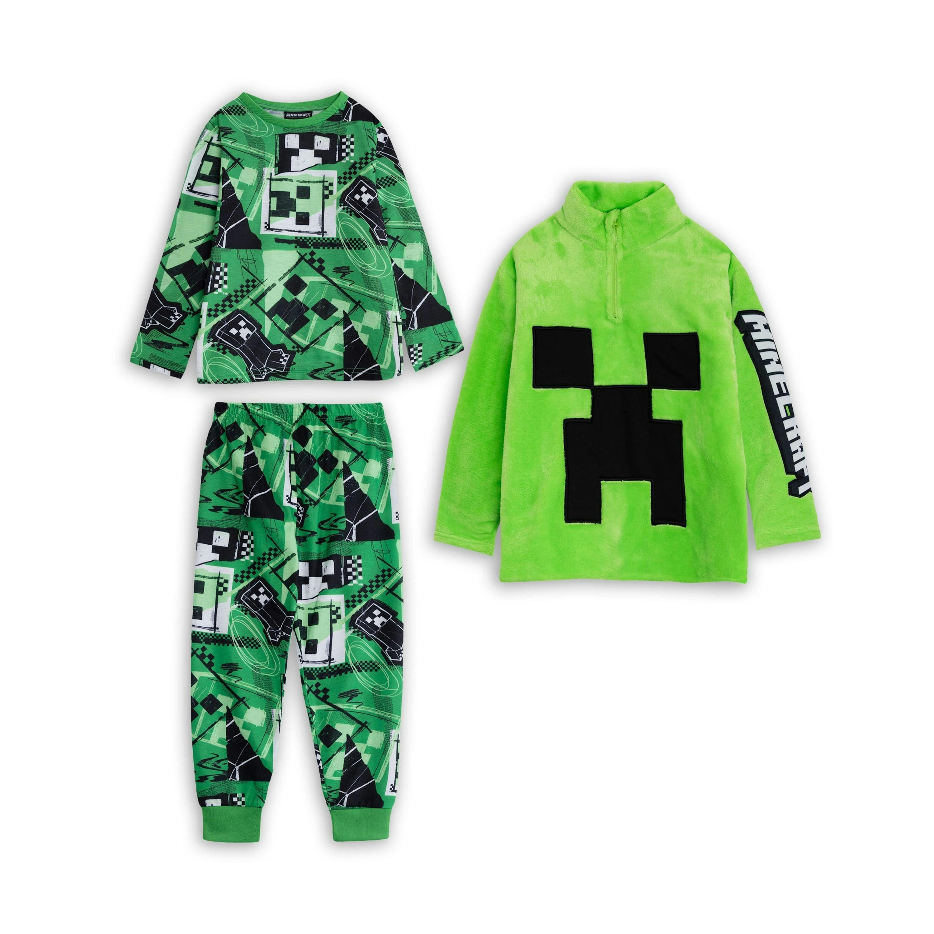 Minecraft Boys Green Creeper Long Sleeve Long Leg Pyjama and Jumper 3 Piece Set by Vanilla Underground , view 1 of 1