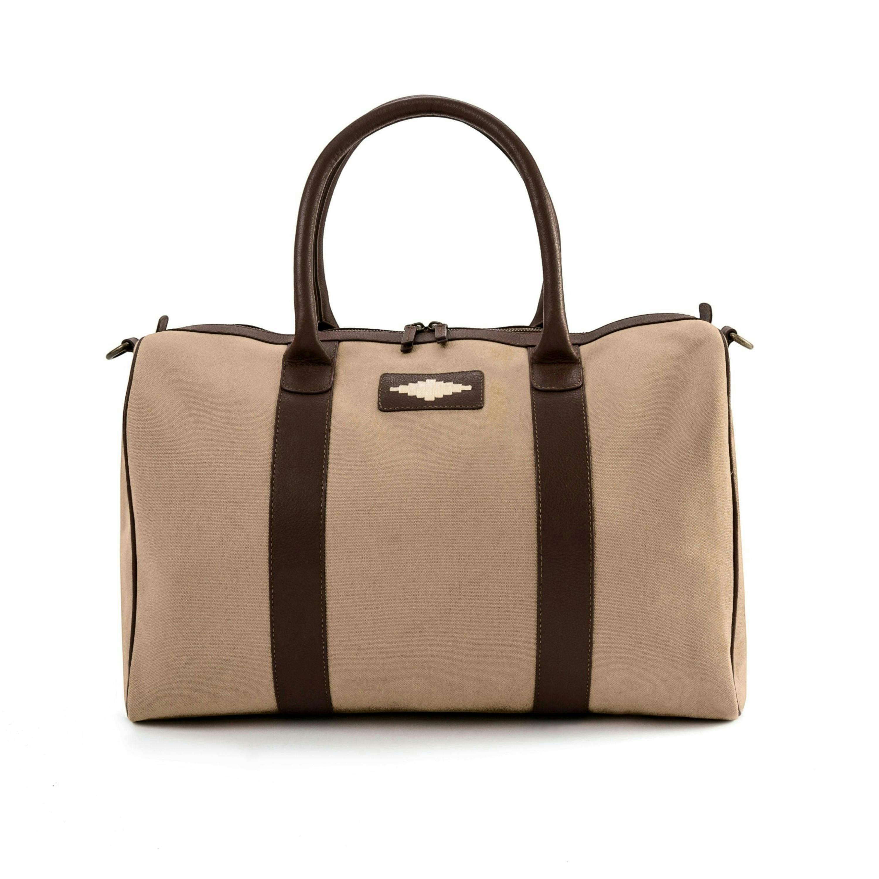 Varon small travel bag - brown leather and sand canvas with cream stitching , view 1 of 1