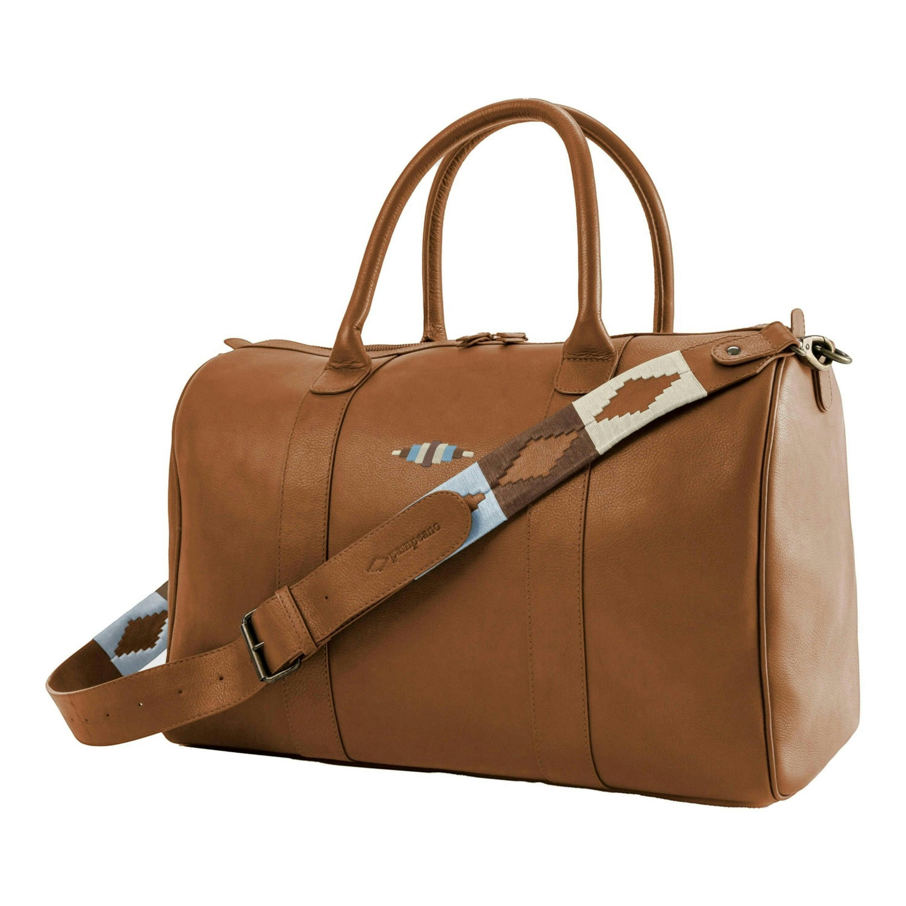 Varon small travel bag - tan leather with light blue, light brown and cream stitching , view 1 of 1