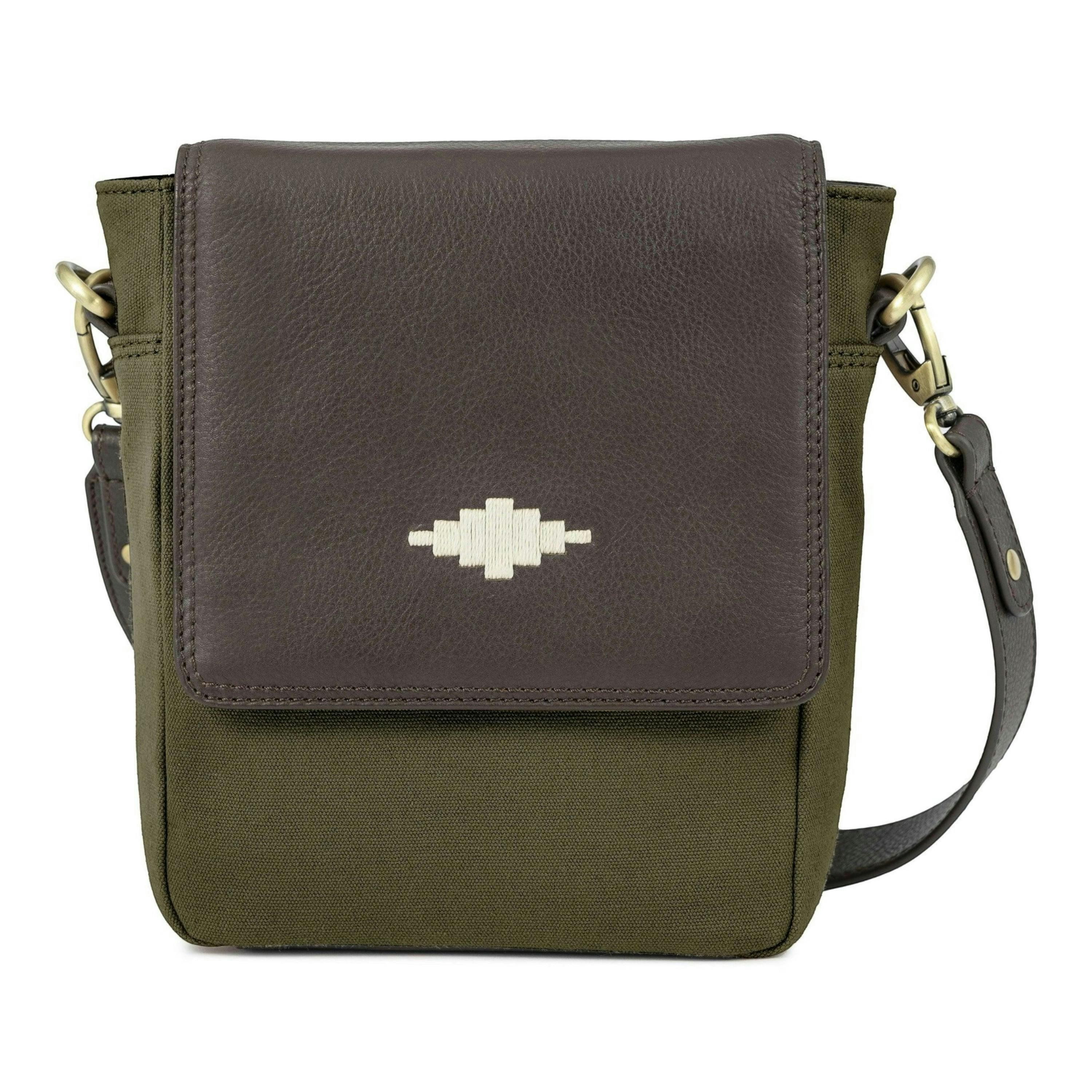 Bandolera crossbody bag - brown leather and forest canvas , view 1 of 1