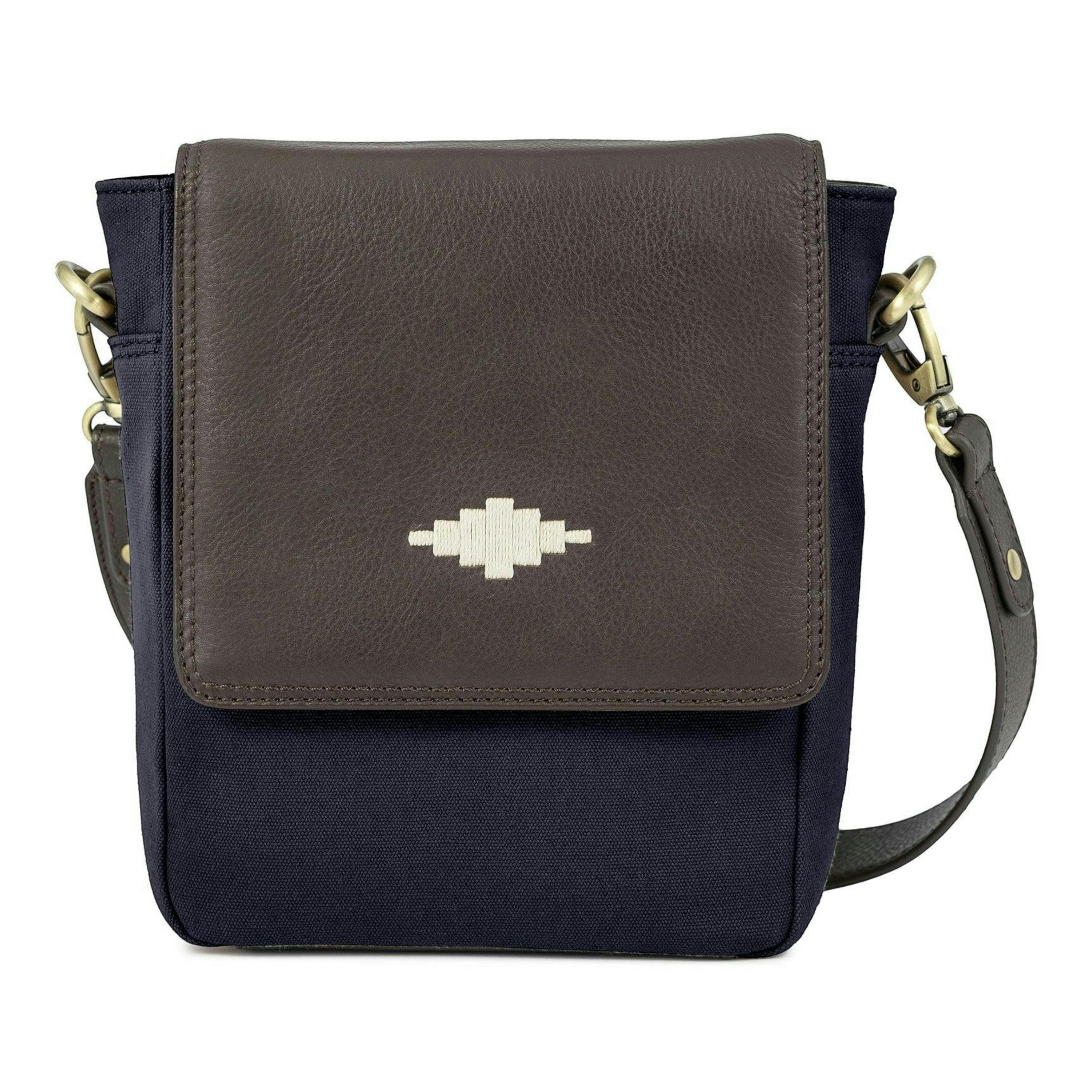 Bandolera crossbody bag - brown leather and navy canvas , view 1 of 1