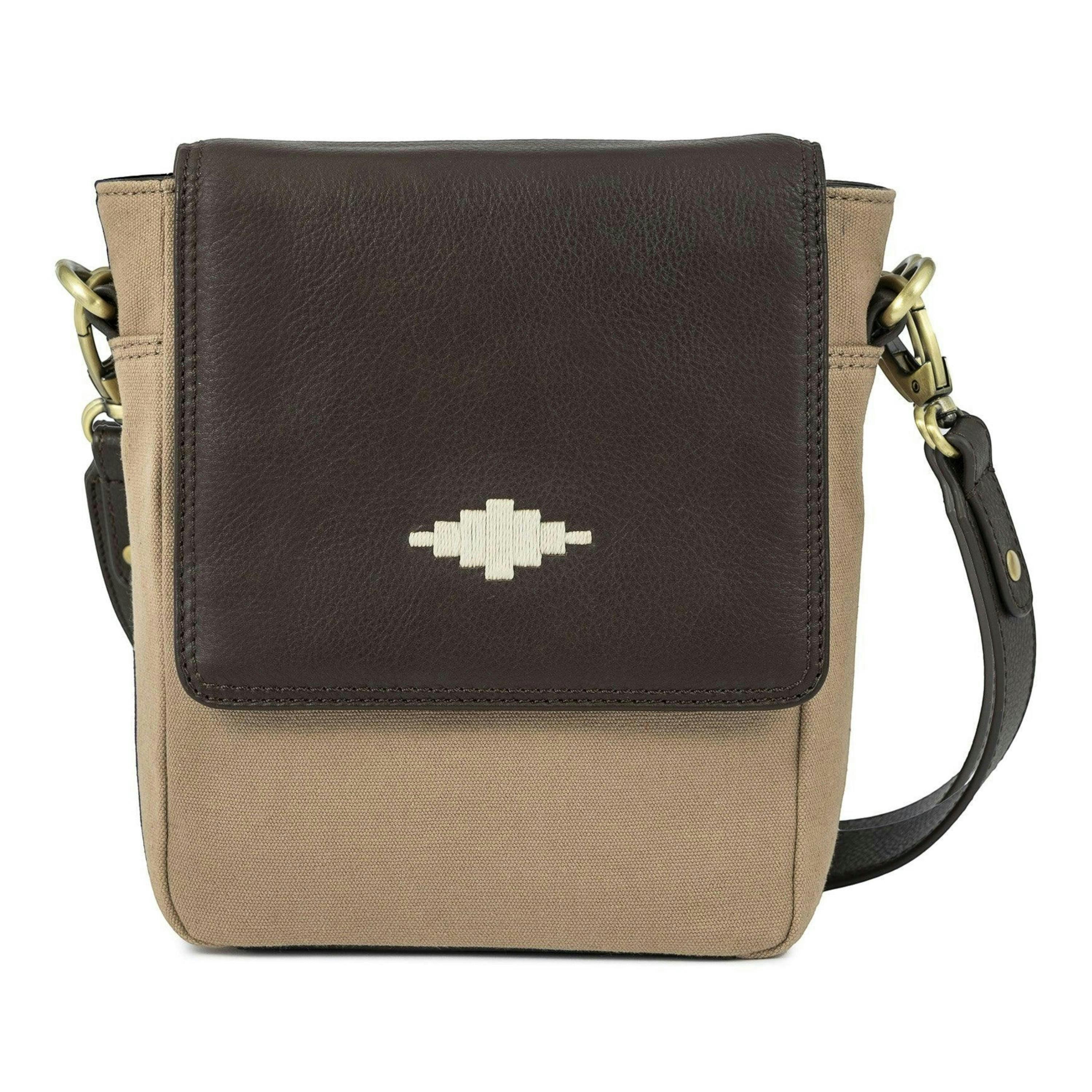 Bandolera crossbody bag - brown leather and sand canvas , view 1 of 1