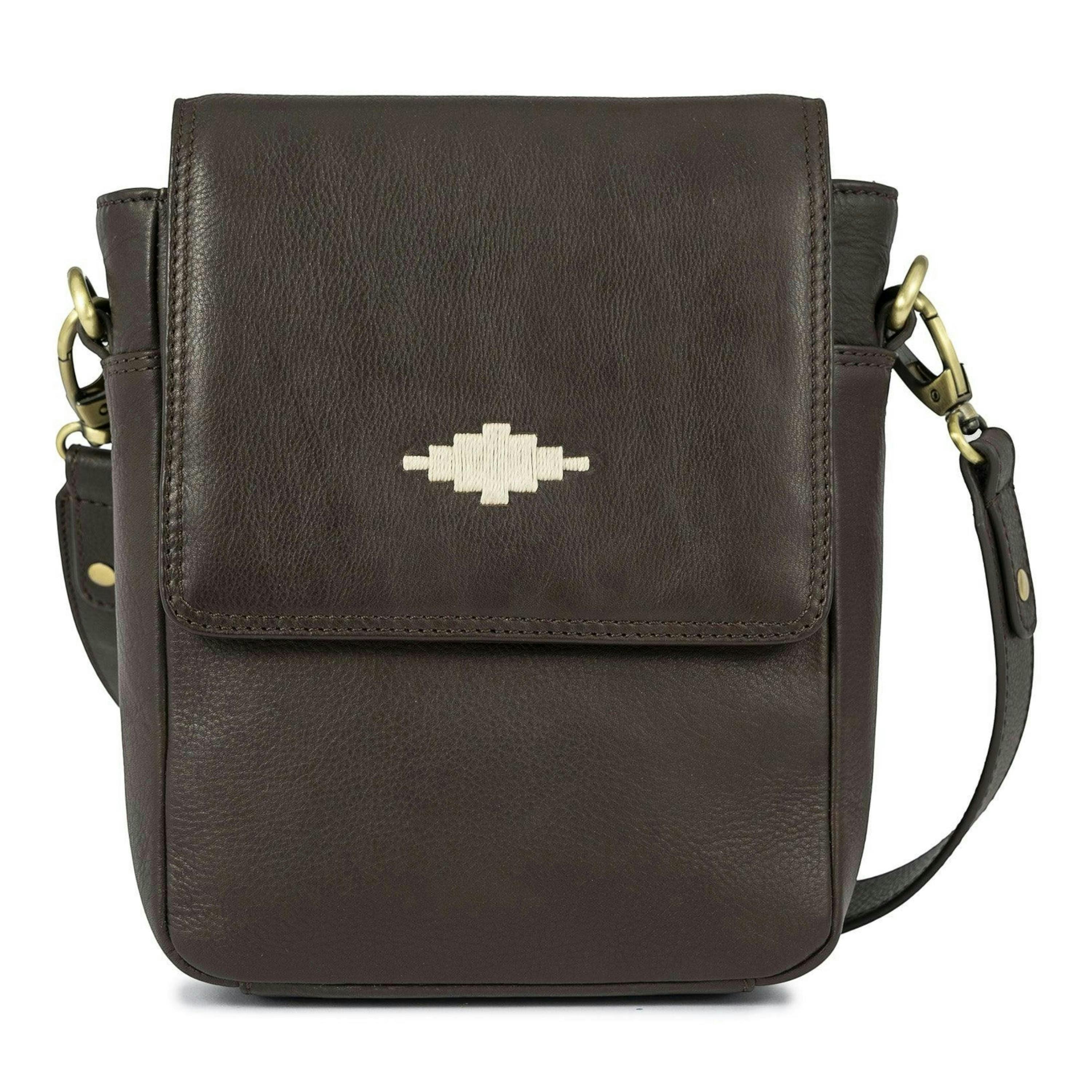 Bandolera crossbody bag - brown leather with cream stitching , view 1 of 1