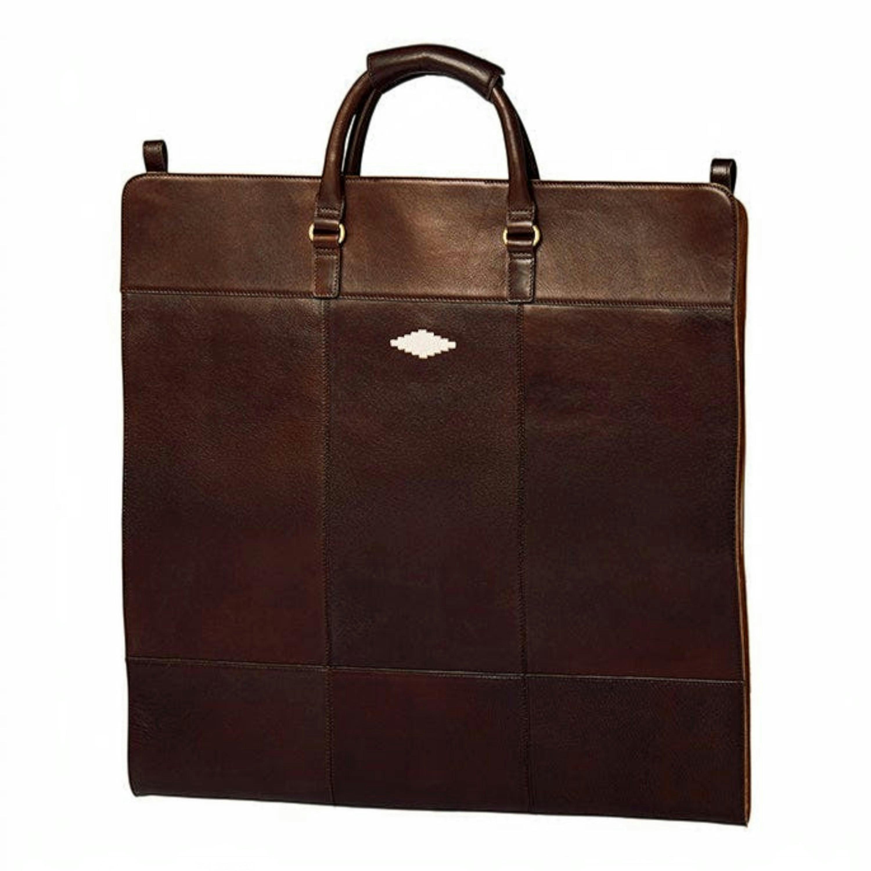 Traje suit cover - brown leather with cream stitching , view 1 of 1