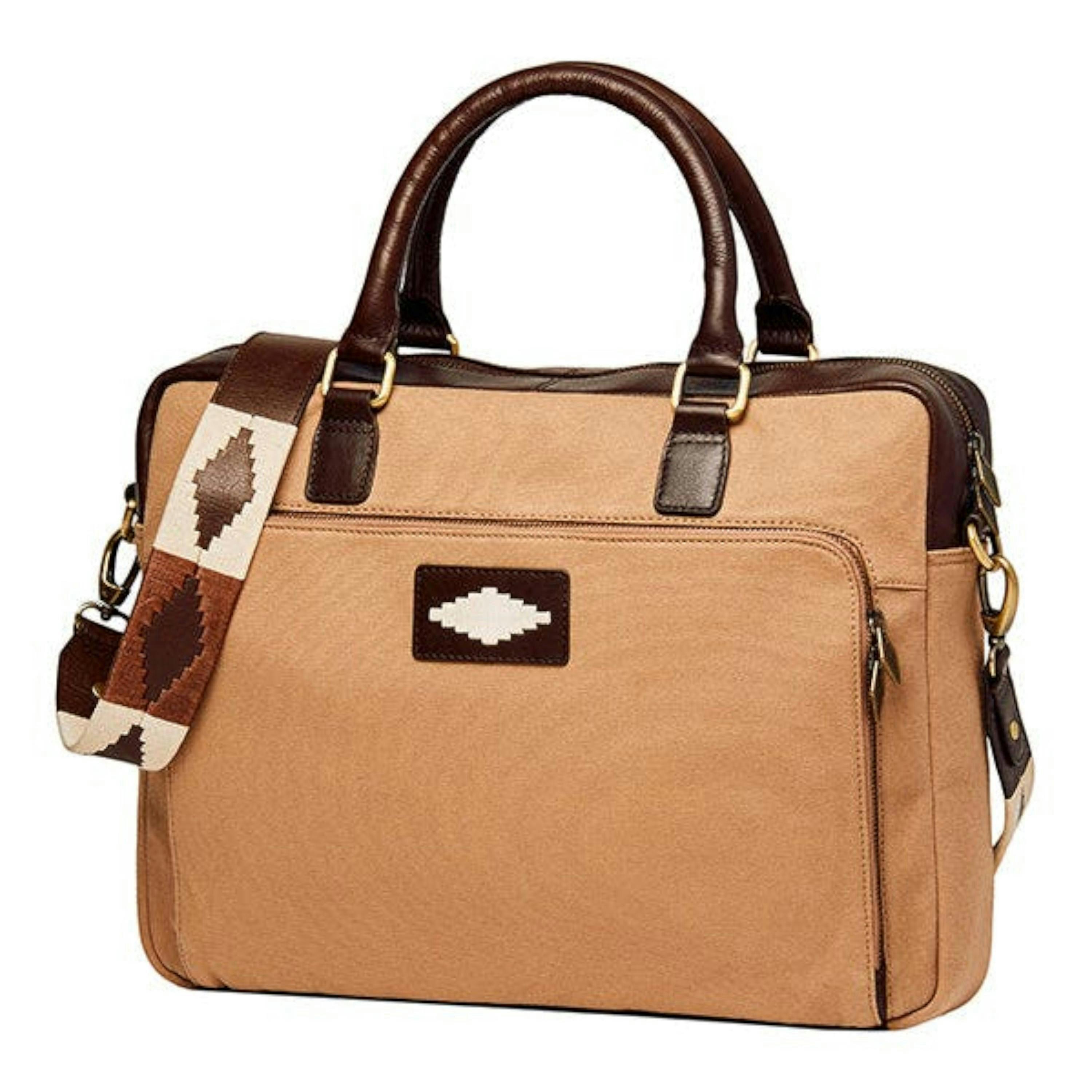 Mensajero briefcase - brown leather and sand canvas , view 1 of 1