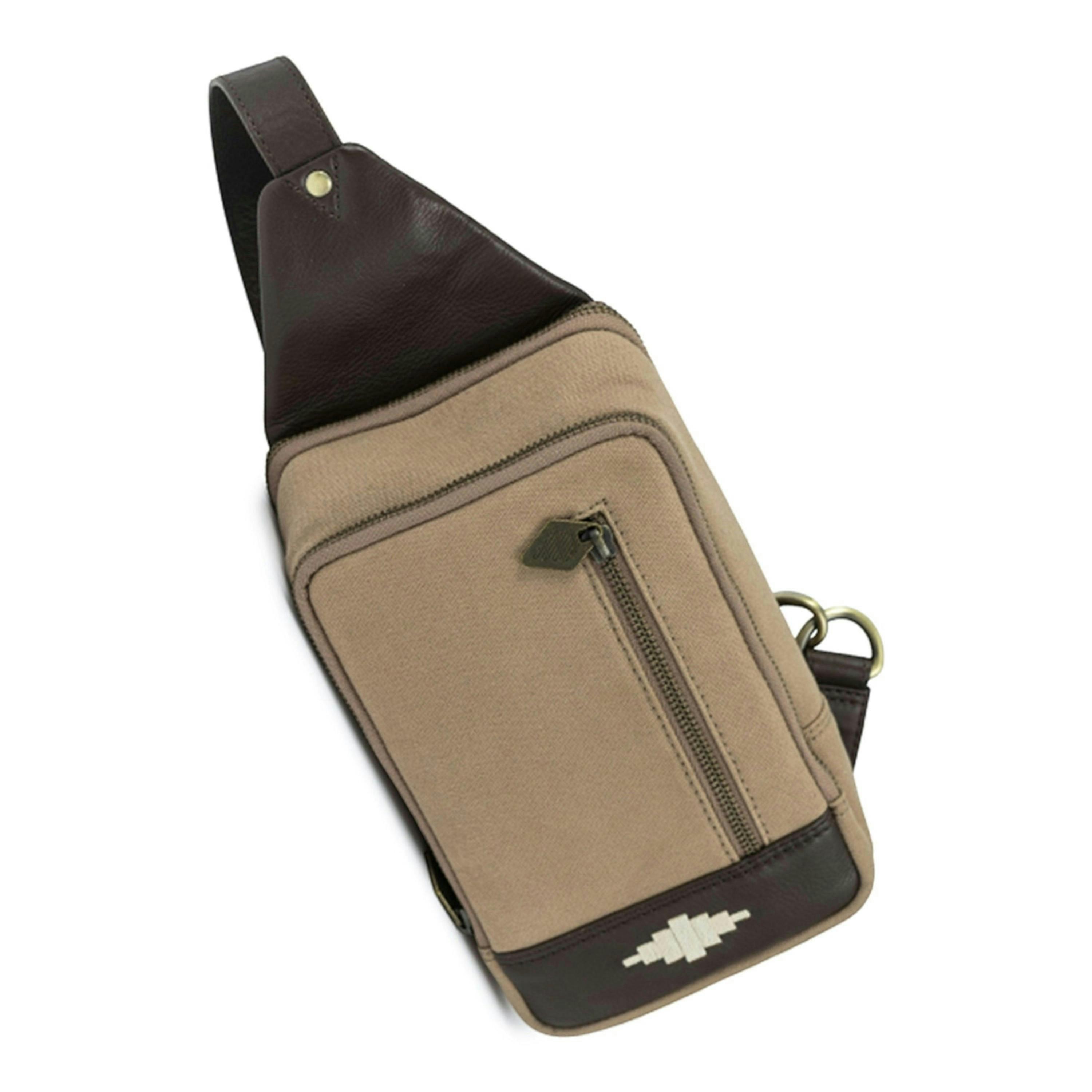 Pequeno crossbody bag - brown leather and sand canvas , view 1 of 1